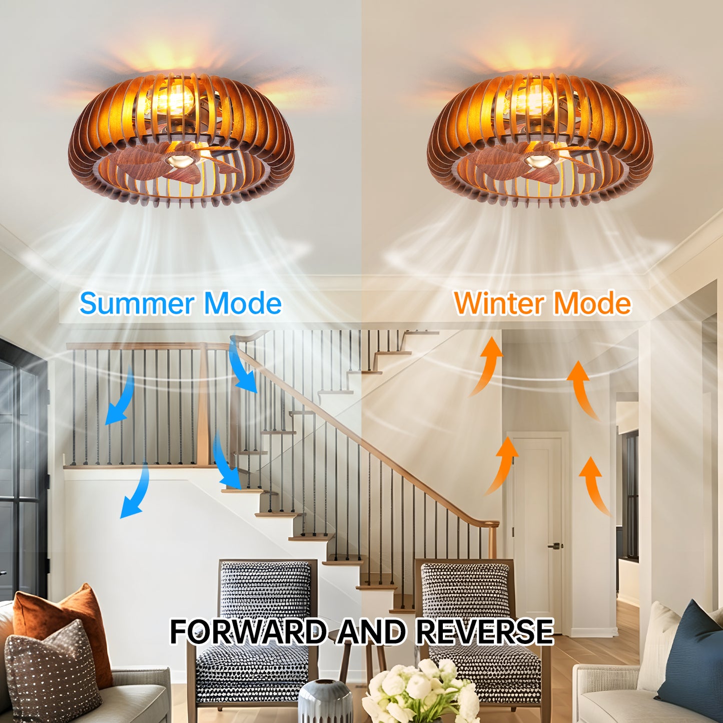 20" Walnut Caged Flush Mount Ceiling Fan with Remote - view 6