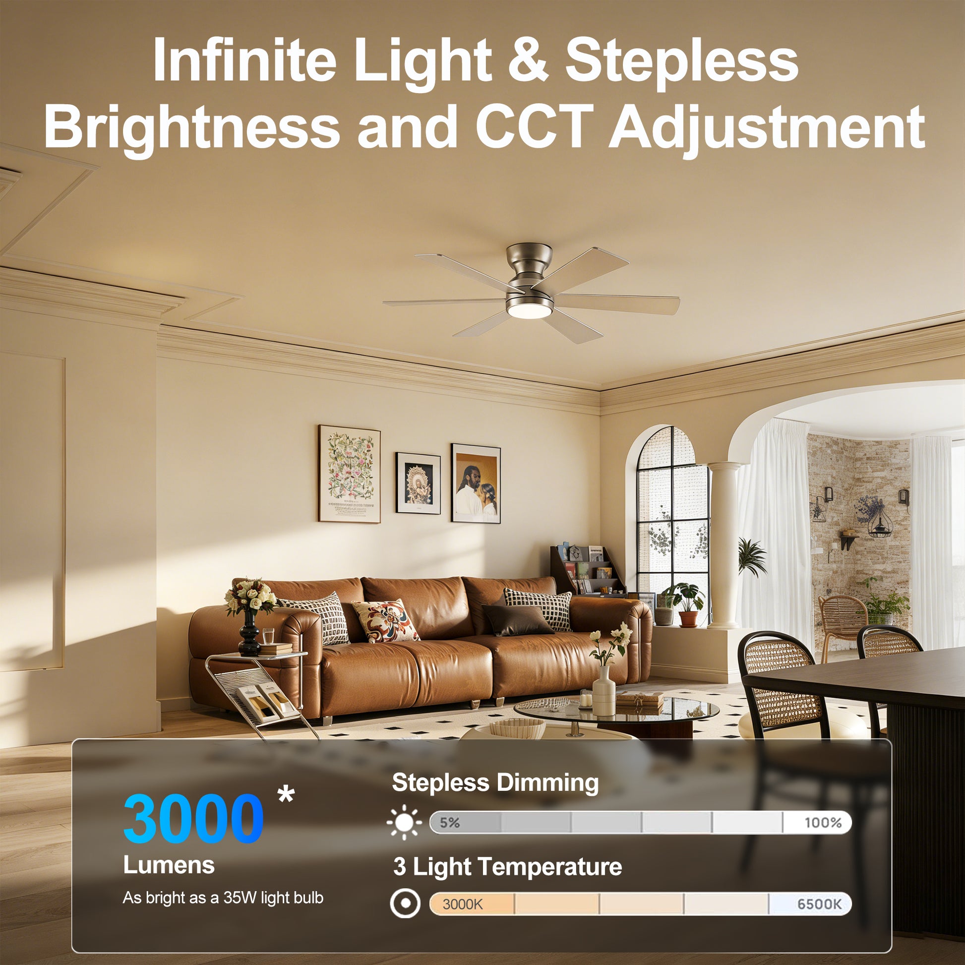 46" Silver Flush Mount Ceiling Fan with Light and Remote - view 9
