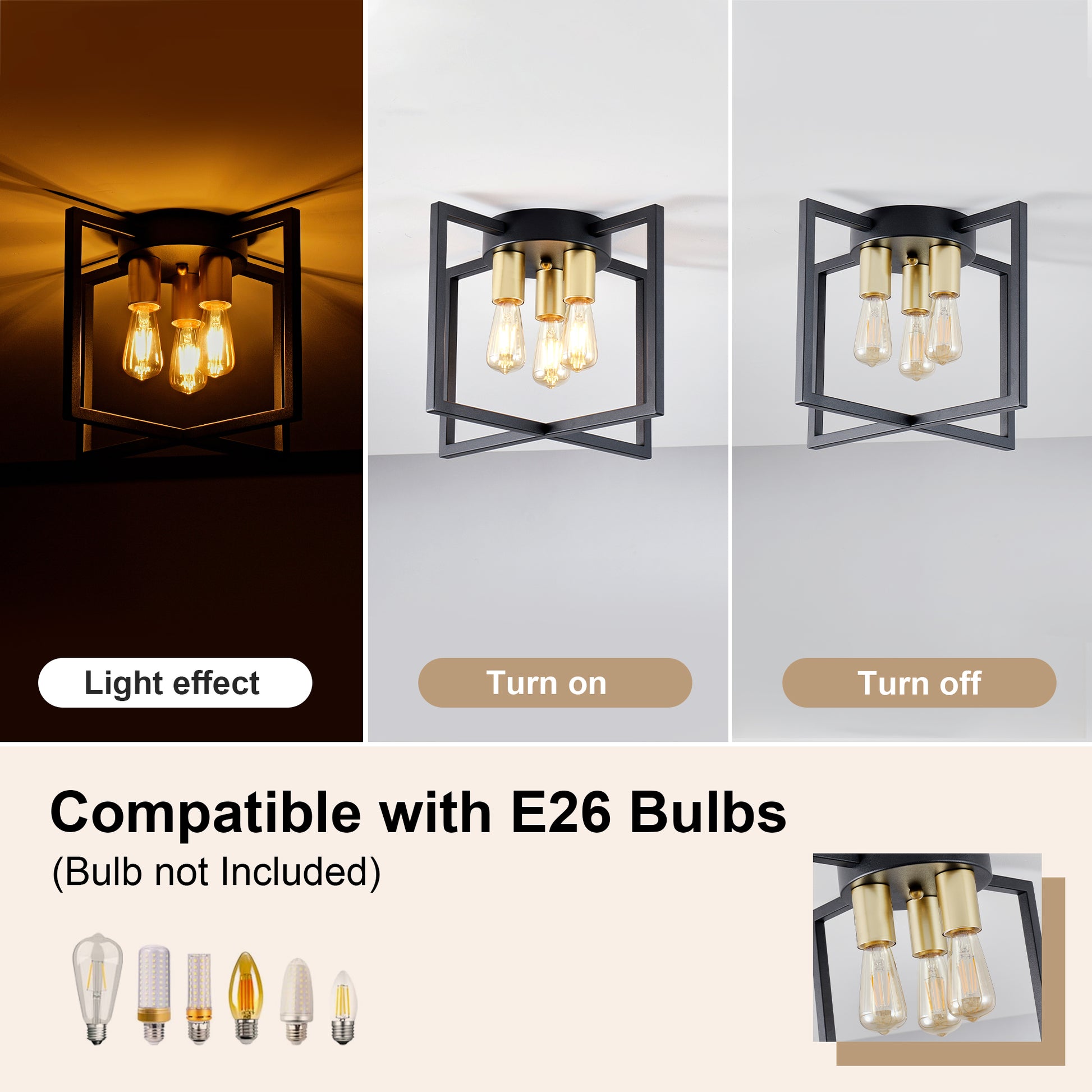 3-Light Black & Gold Geometric Semi Flush Chandelier - view 9