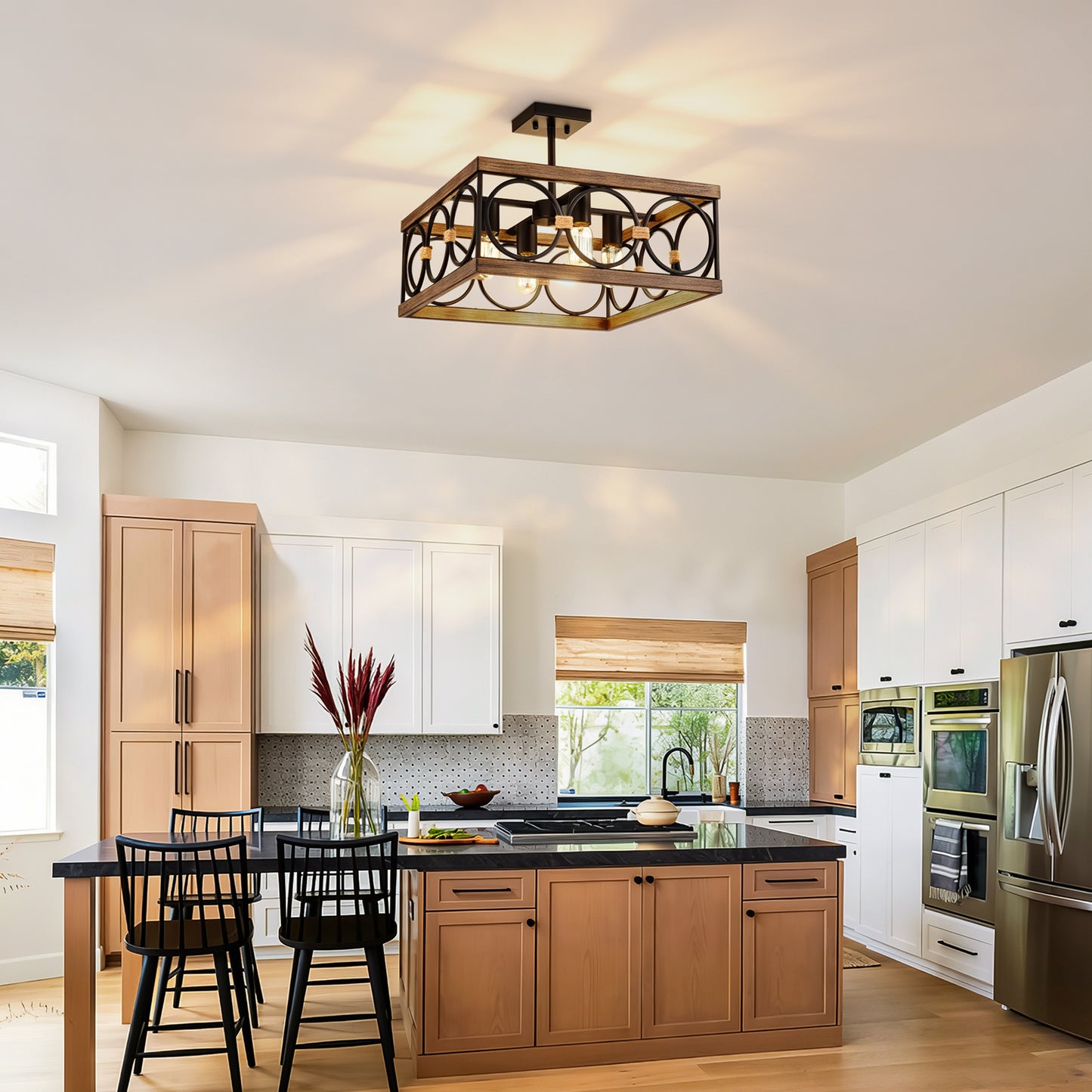 4-Light Wood & Black Farmhouse Flush Mount Ceiling Light - view 3