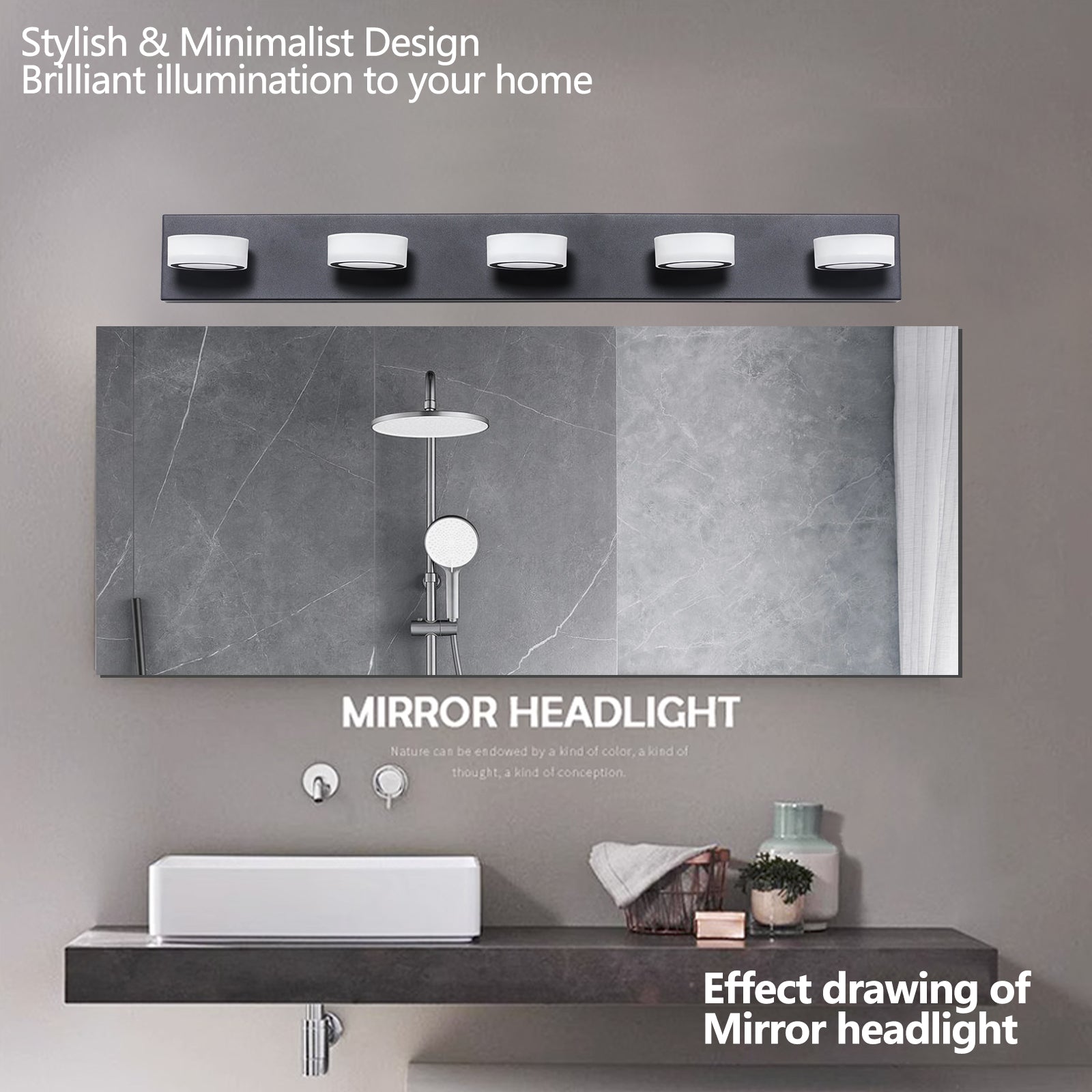 37" 5-Light Black LED Vanity Wall Light - view 4