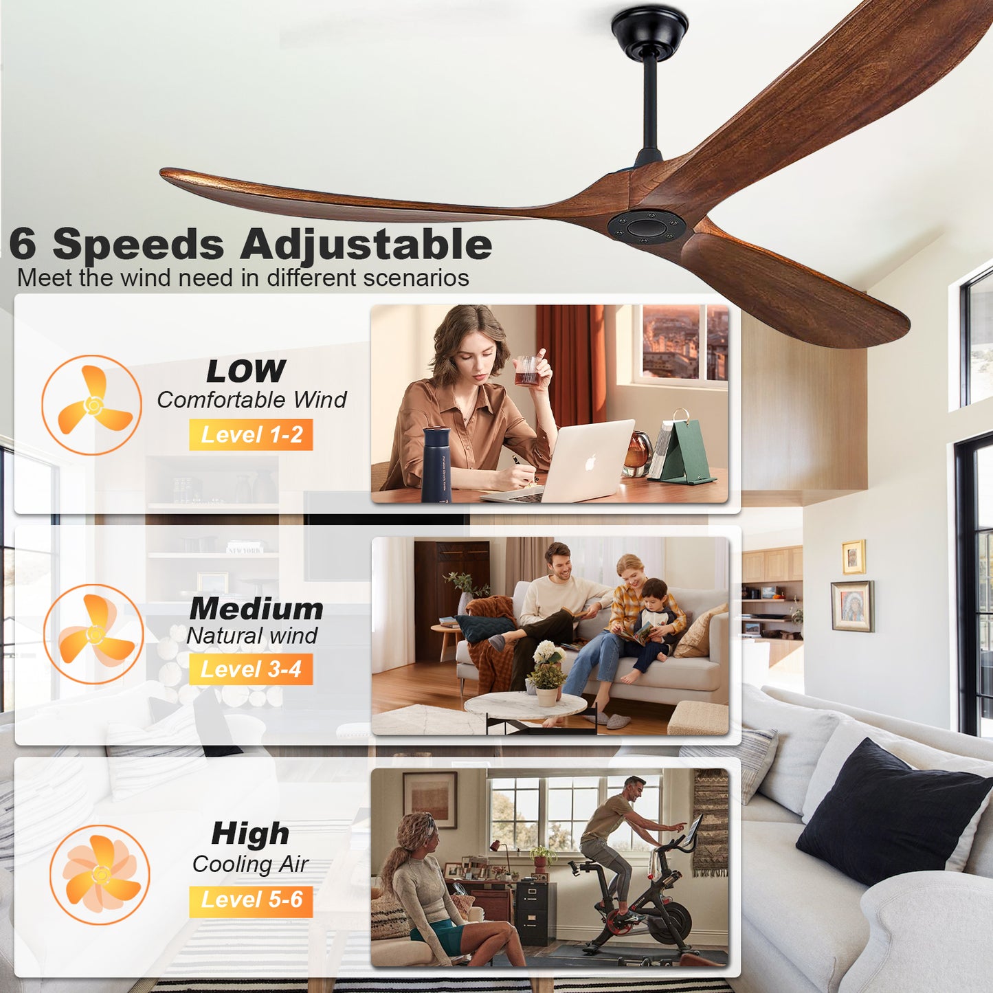 72" Walnut Solid Wood Ceiling Fan with Remote - view 17