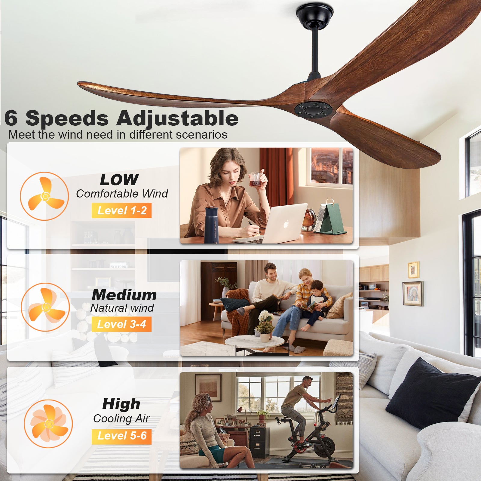 72" Walnut Solid Wood Ceiling Fan with Remote - view 17
