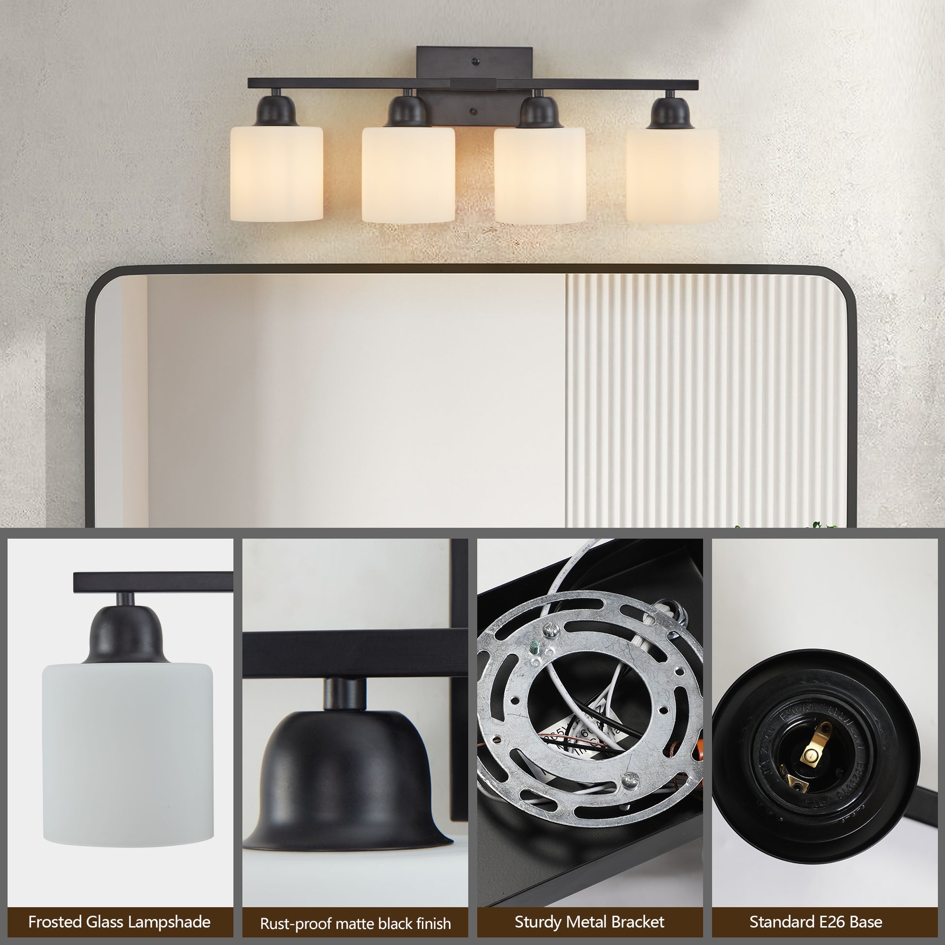 4-Light Black Vanity Wall Light with Frosted Glass - view 5