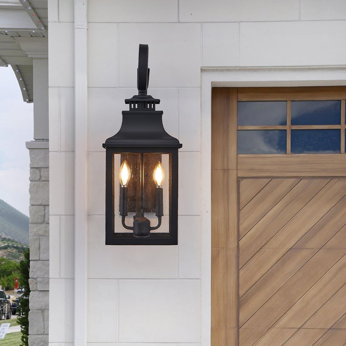23"H Black Outdoor Wall Lantern with Seeded Glass, Set of 2 - view 3