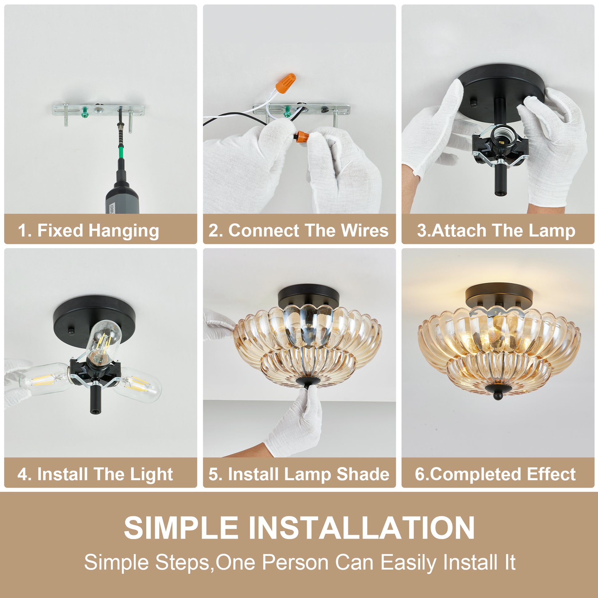3-Light Black Semi Flush Ceiling Light with Amber Glass - view 8