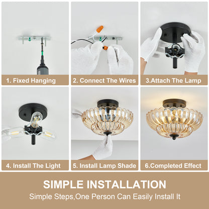 3-Light Black Semi Flush Ceiling Light with Amber Glass - view 8