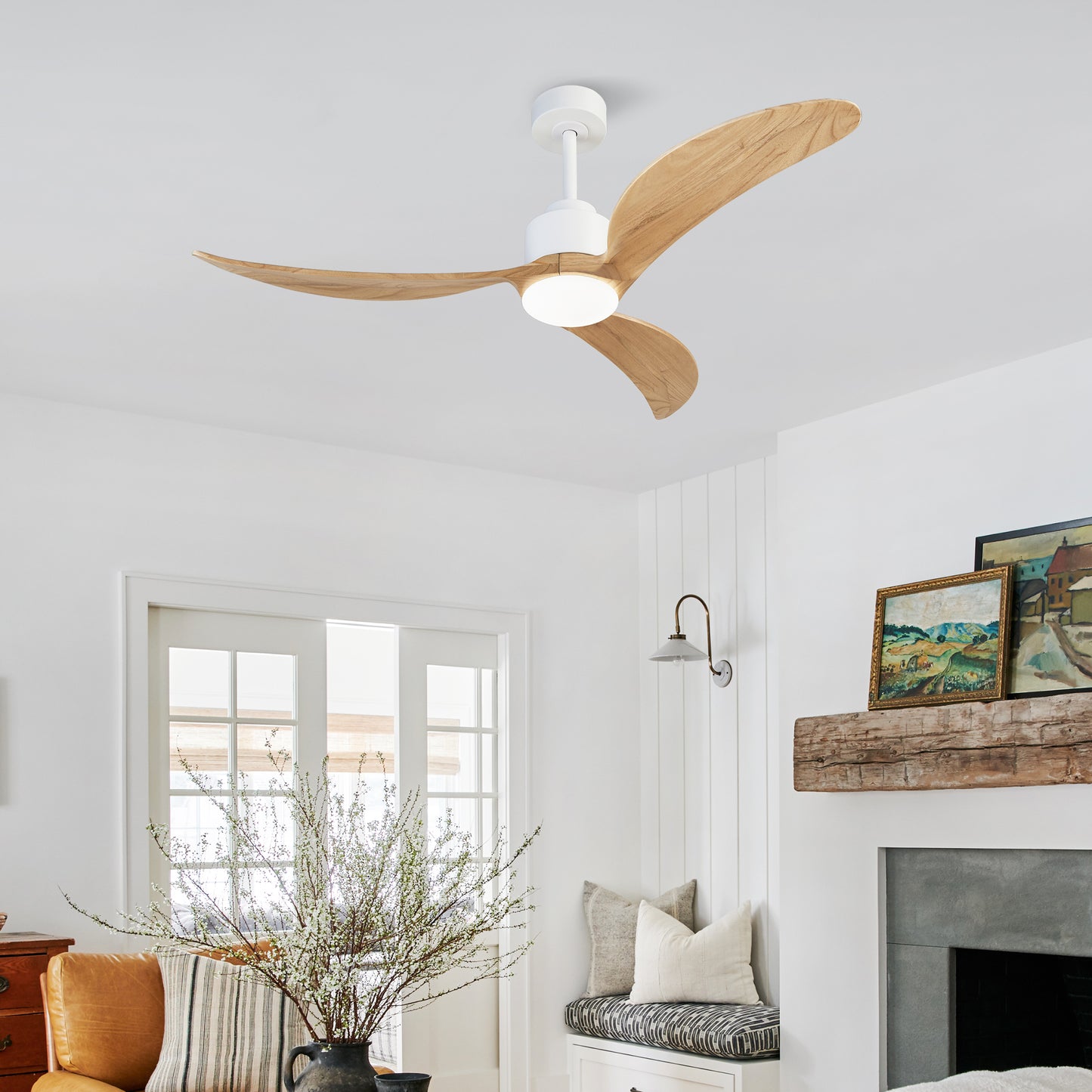 52" White & Natural Wood Ceiling Fan with Dimmable LED - view 3