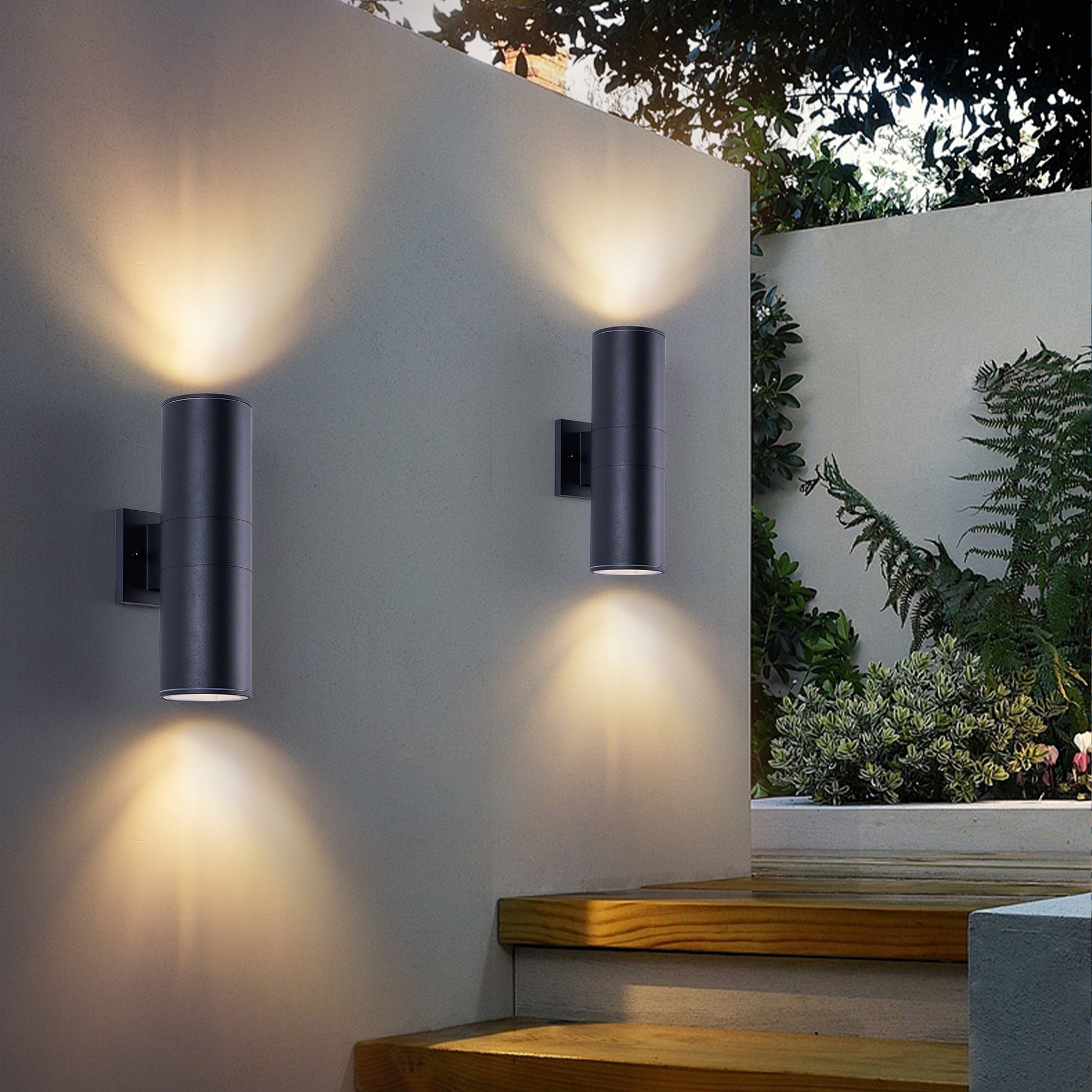 14" Matte Black Cylinder Outdoor Wall Sconce, Set of 2