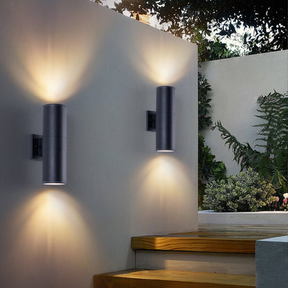 14" Matte Black Cylinder Outdoor Wall Sconce, Set of 2