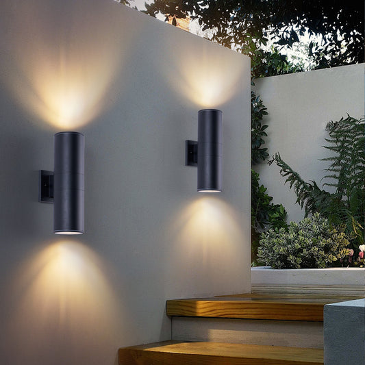 14" Matte Black Cylinder Outdoor Wall Sconce, Set of 2