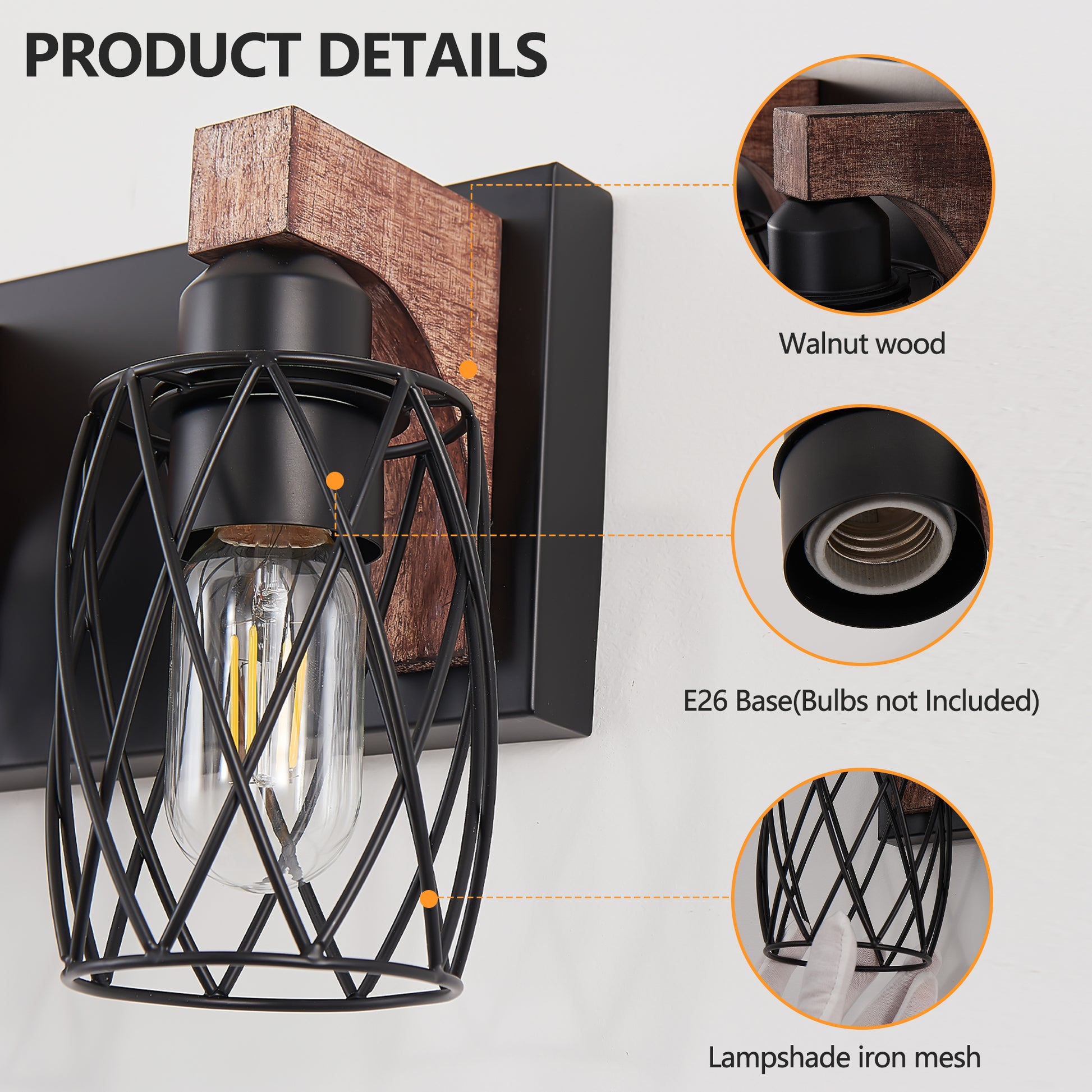 7-Light Black Caged Industrial Wall Light with Wood Accents - view 6