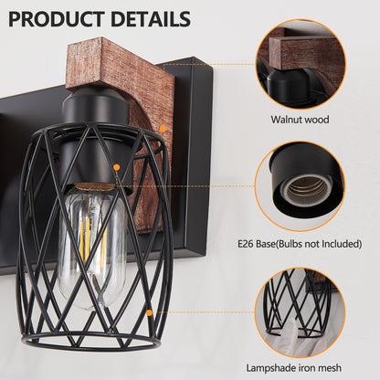 7-Light Black Caged Industrial Wall Light with Wood Accents - view 6
