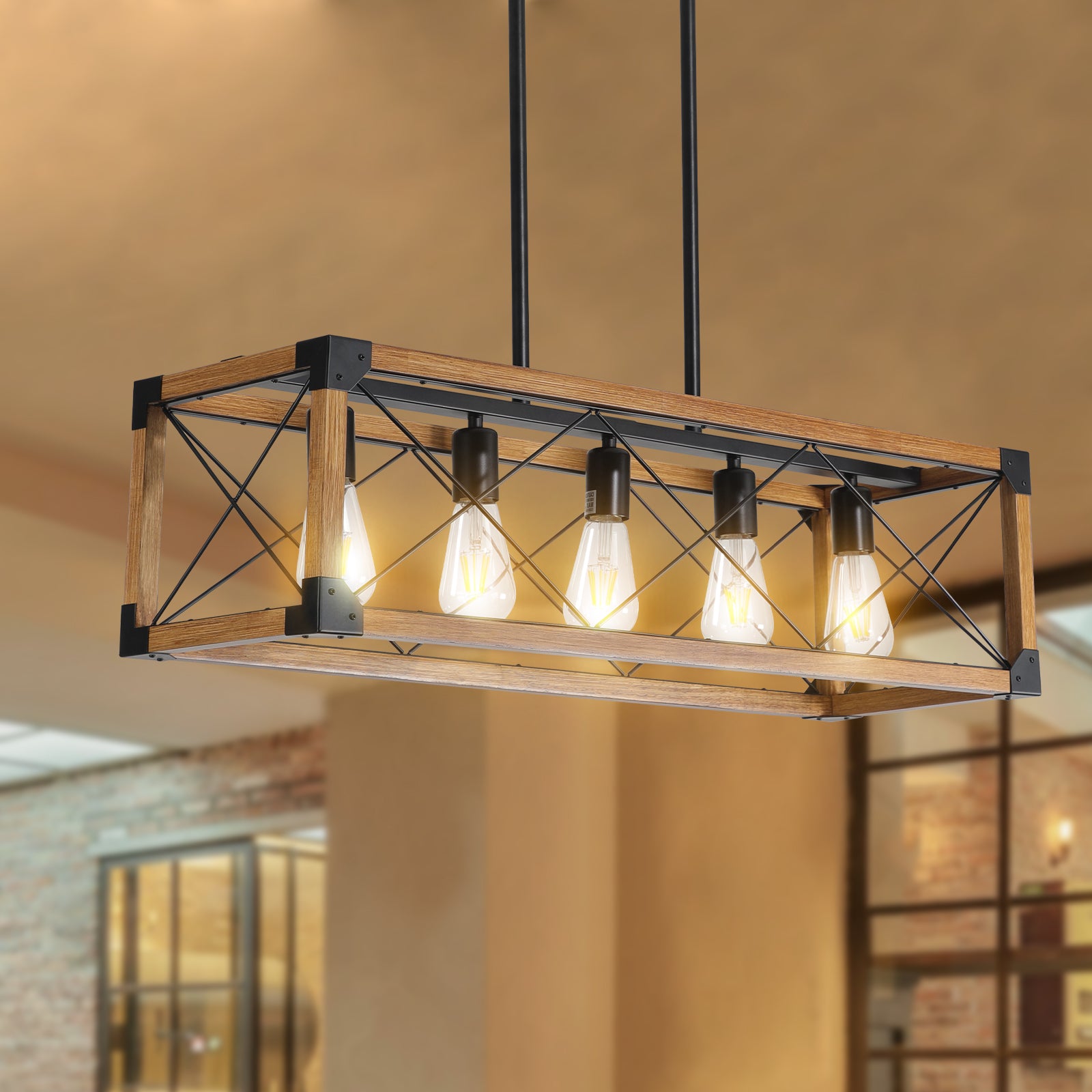 32" 5-Light Walnut Farmhouse Rectangle Chandelier - view 4