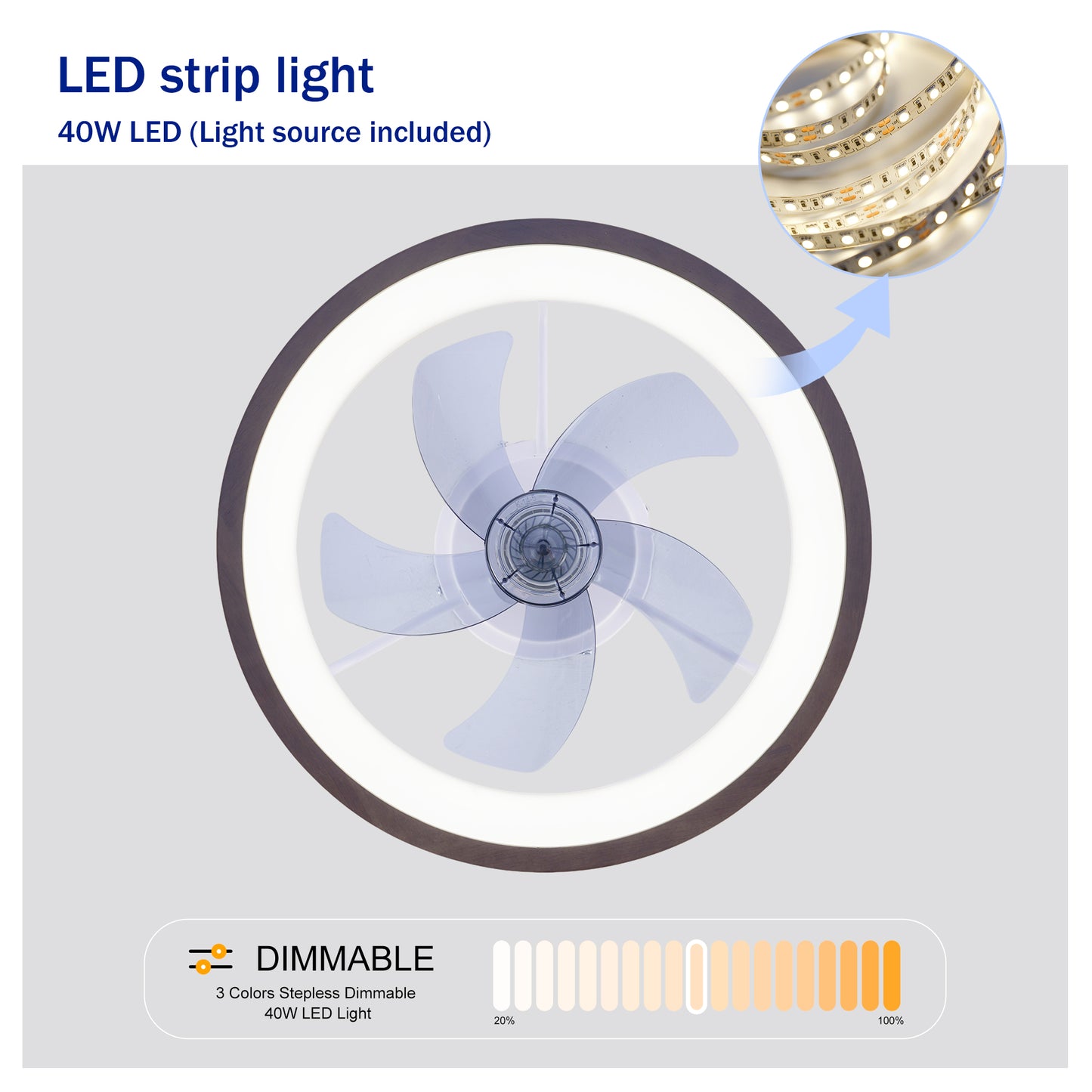 20" White & Wood Flush Mount Ceiling Fan with Dimmable LED - view 9