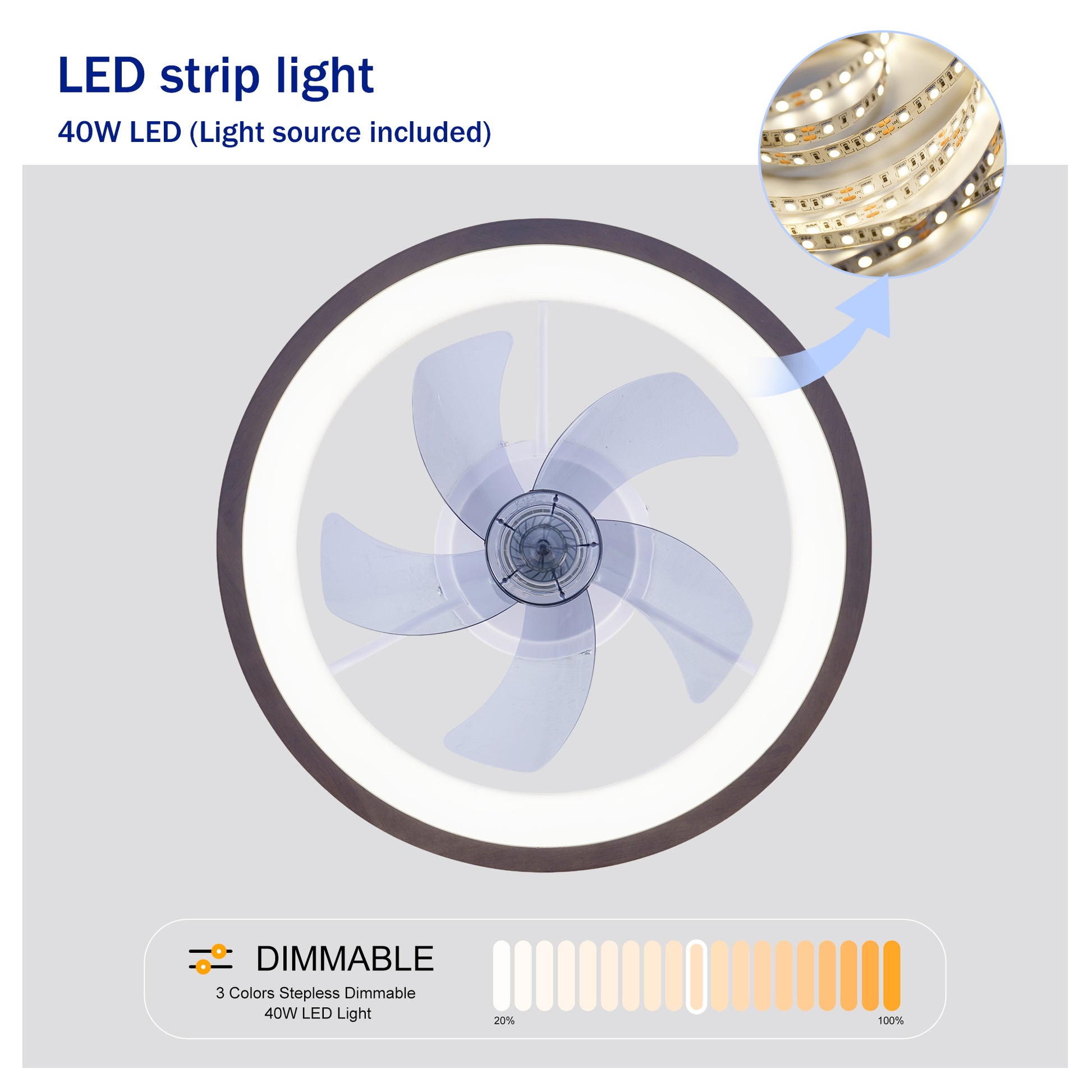 20" White & Wood Flush Mount Ceiling Fan with Dimmable LED - view 9