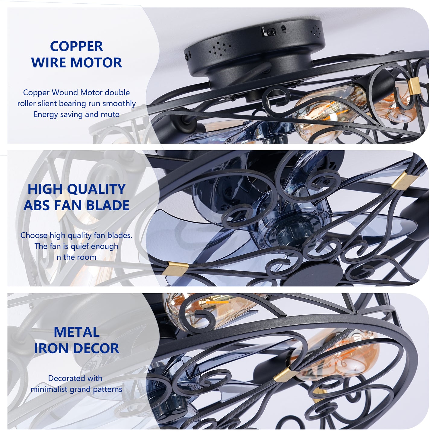 20" Matte Black Flush Mount Caged Ceiling Fan with Remote - view 16