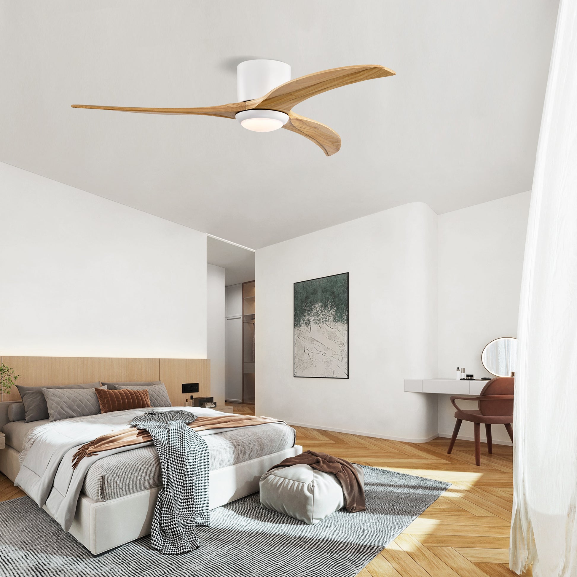52" Matte White Solid Wood Ceiling Fan with Light & Remote - view 6