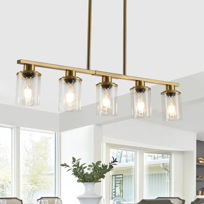 37" Gold Industrial 5-Light Chandelier with Glass Shades