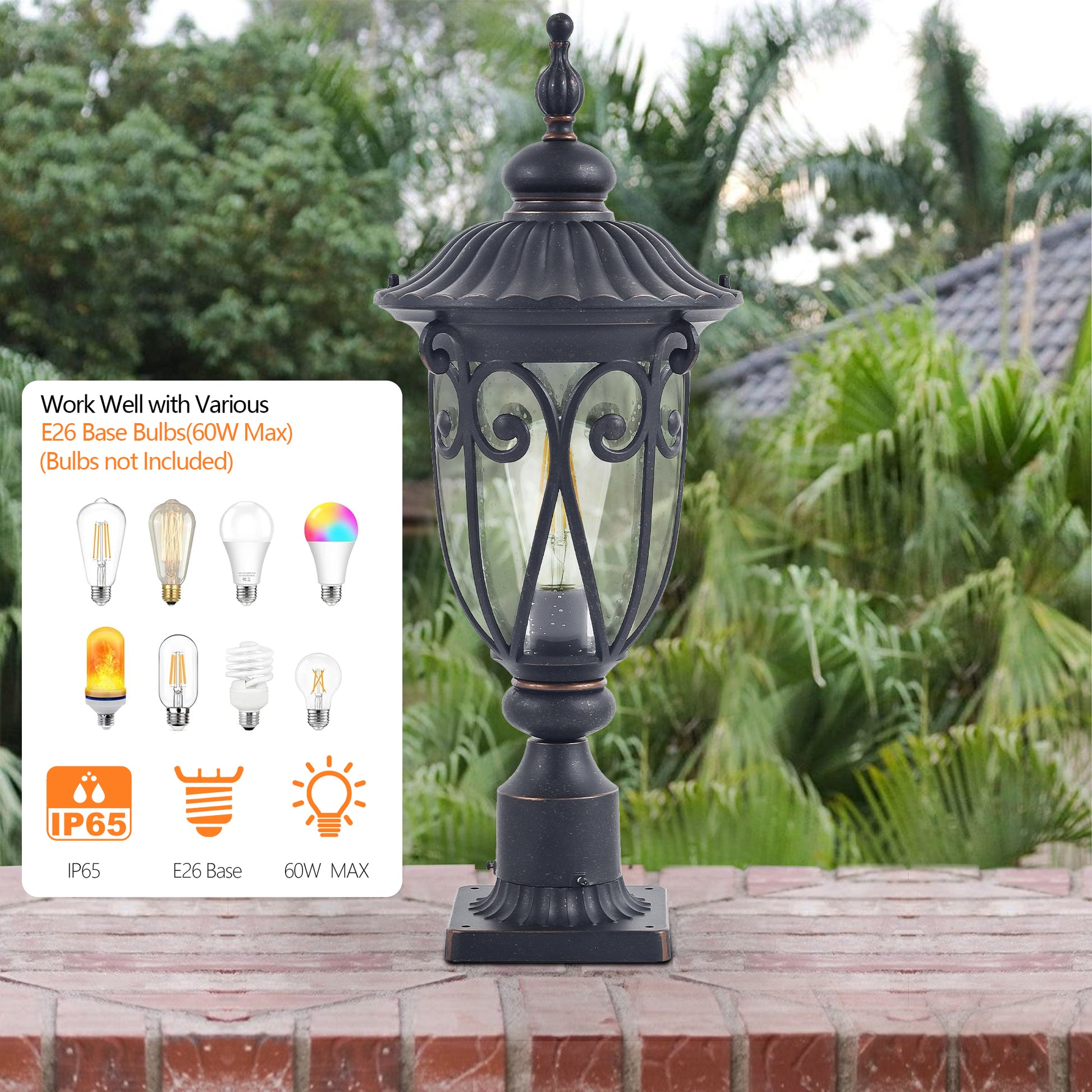 24"H Vintage Black Outdoor Post Light with Bubble Glass - view 4