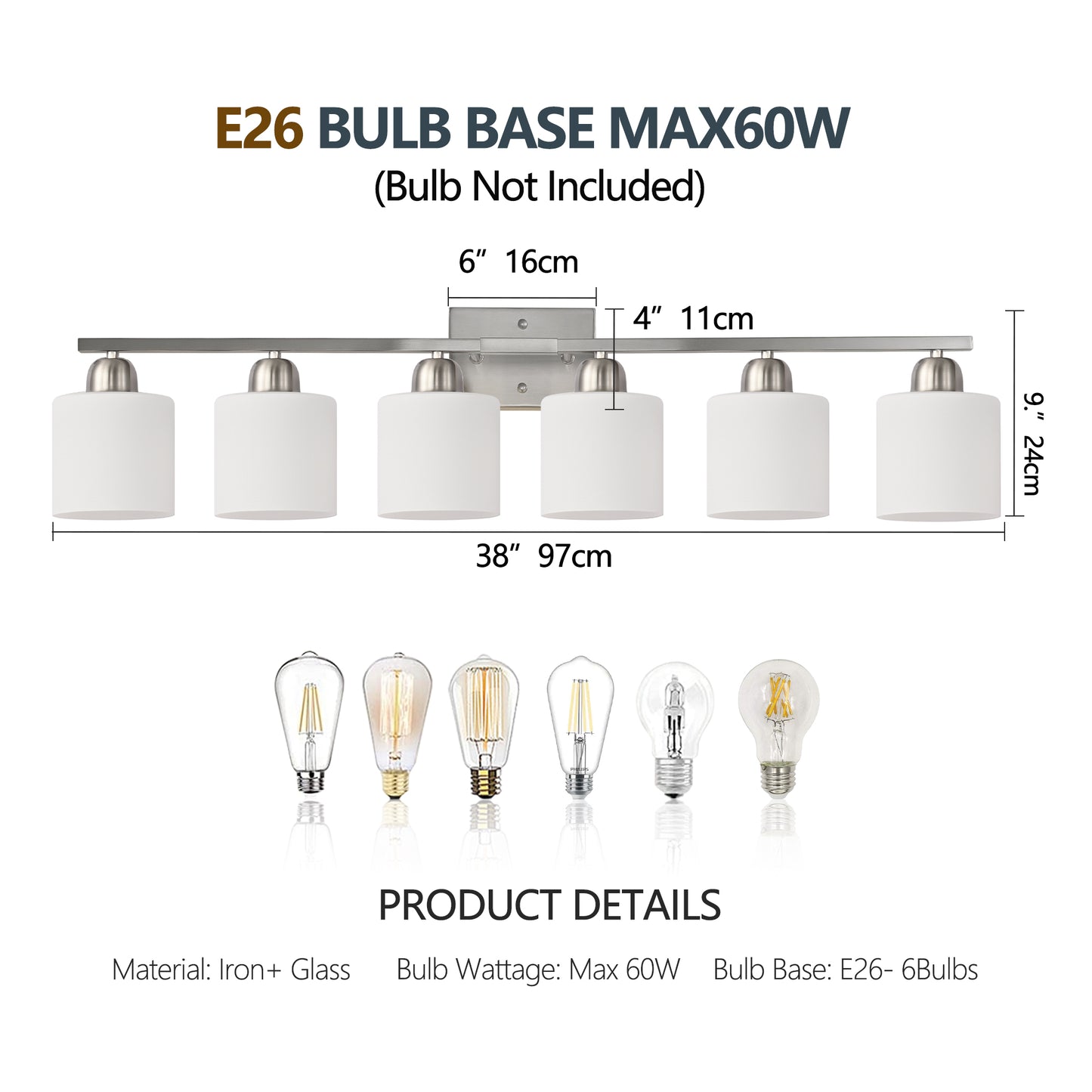 38" 6-Light Nickel Vanity Light with Milk Glass Shades - view 8