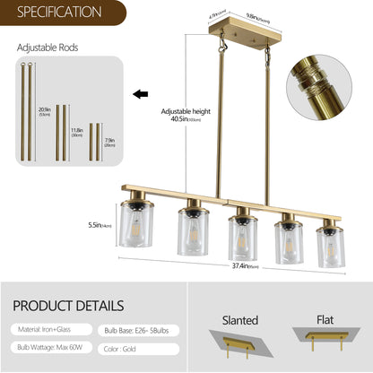 37" Gold Industrial 5-Light Chandelier with Glass Shades - view 8