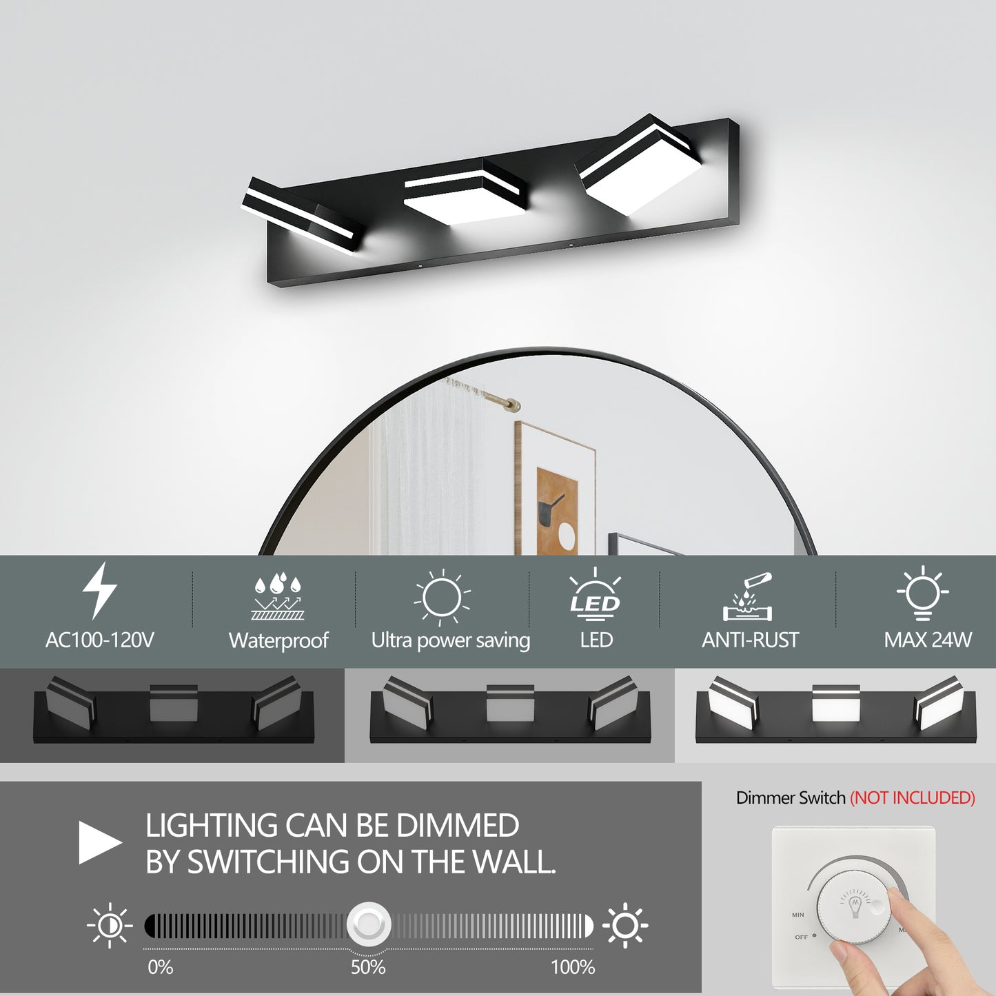 3-Light Black Minimalist LED Vanity Light - view 5