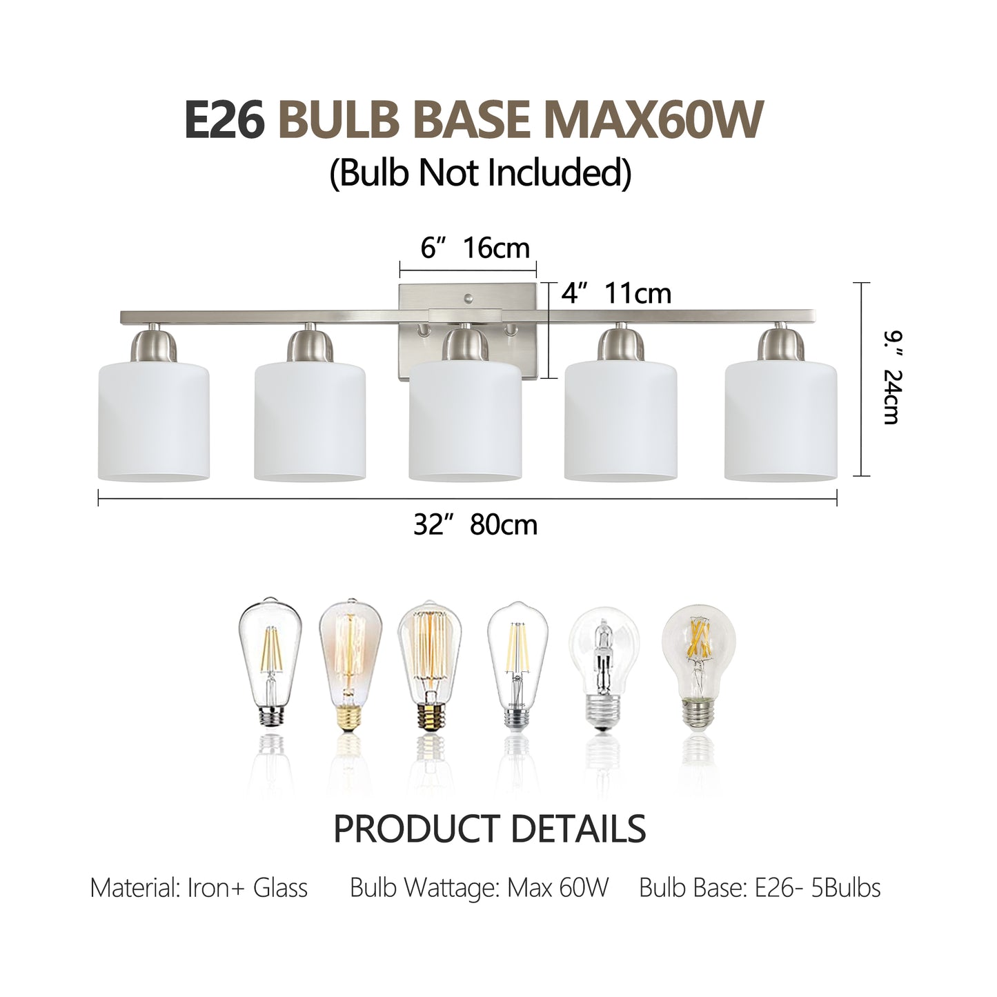 5-Light Brushed Nickel Vanity Wall Light with Frosted Glass - view 7
