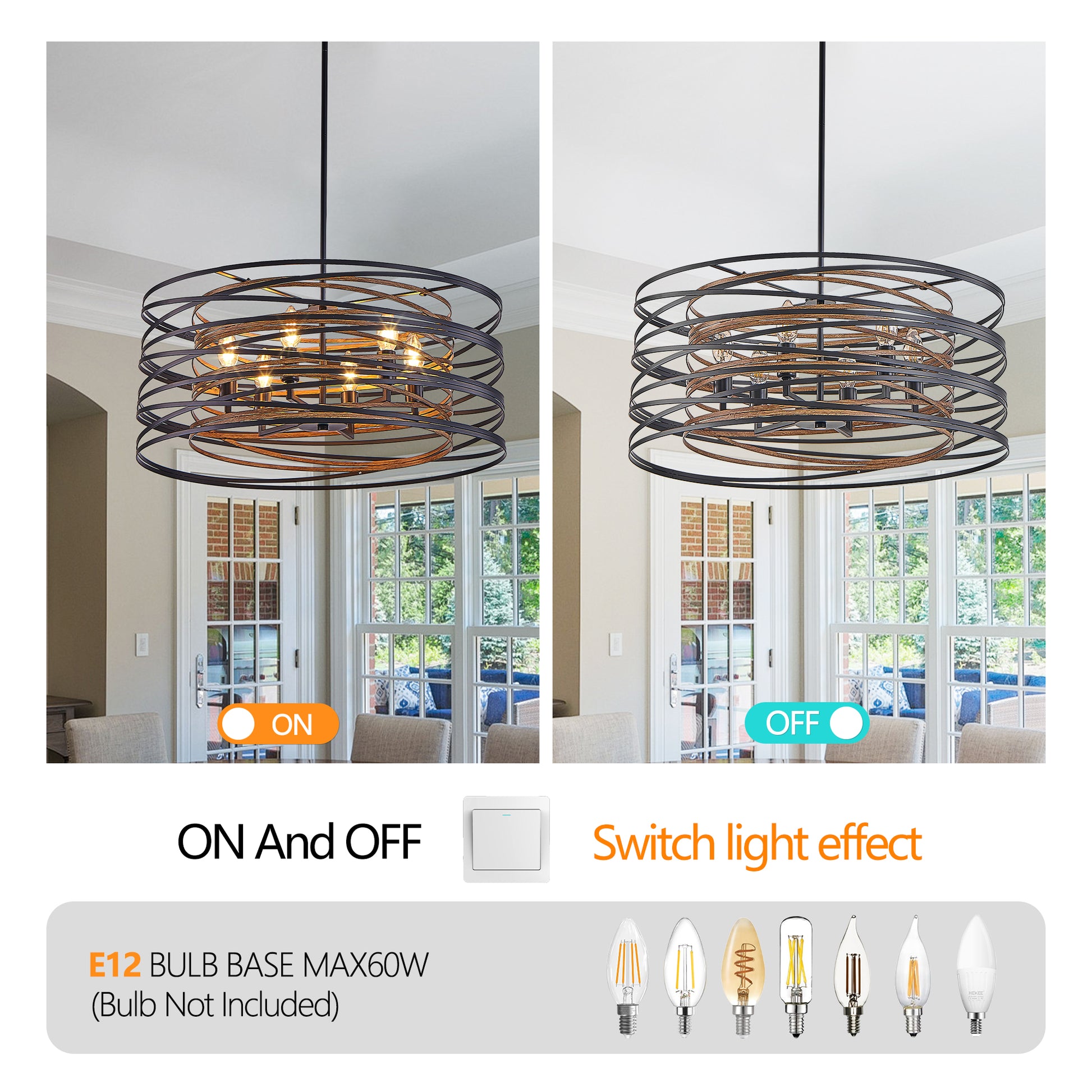 24" 6-Light Black & Walnut Caged Chandelier - view 6