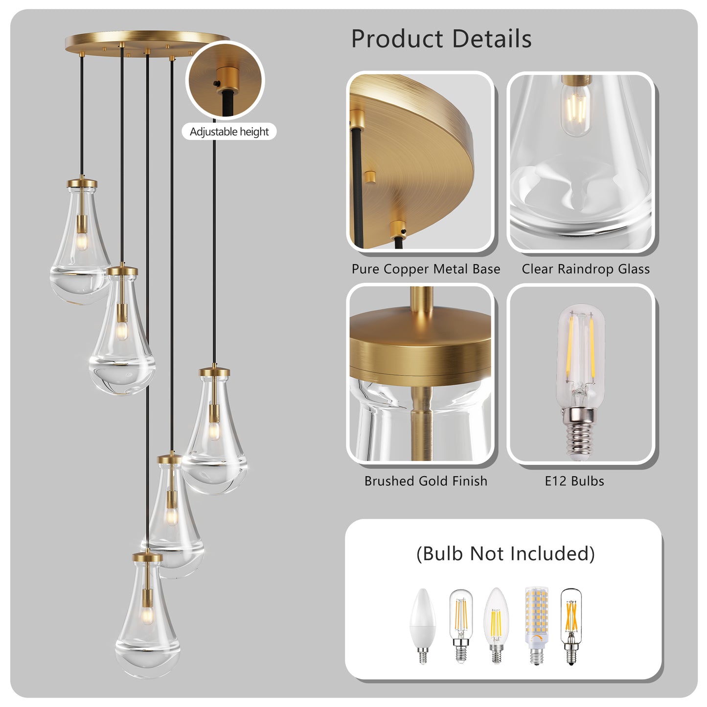 5-Light Brass Cluster Pendant Chandelier - view 8