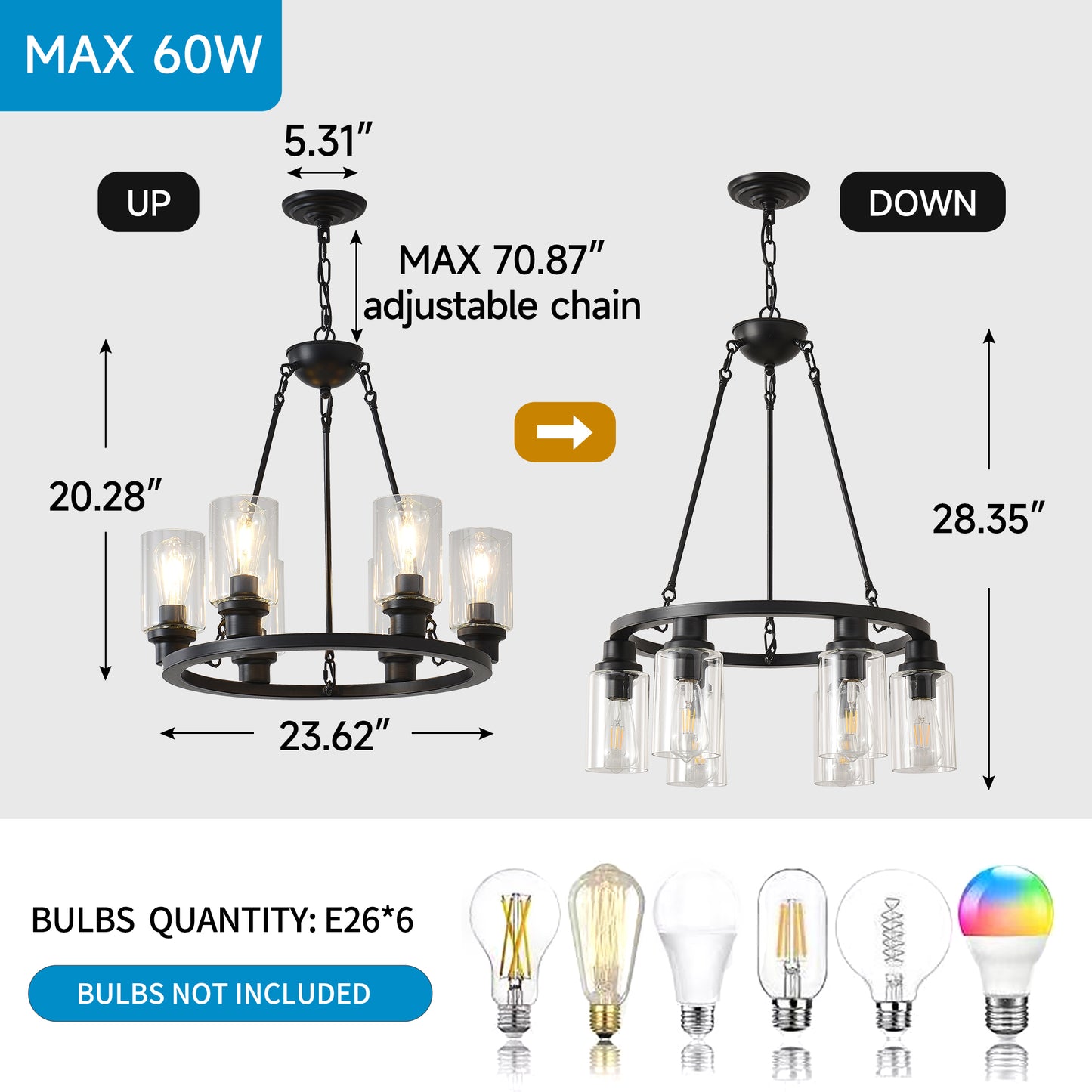 6-Light Matte Black Wagon Wheel Chandelier - view 8