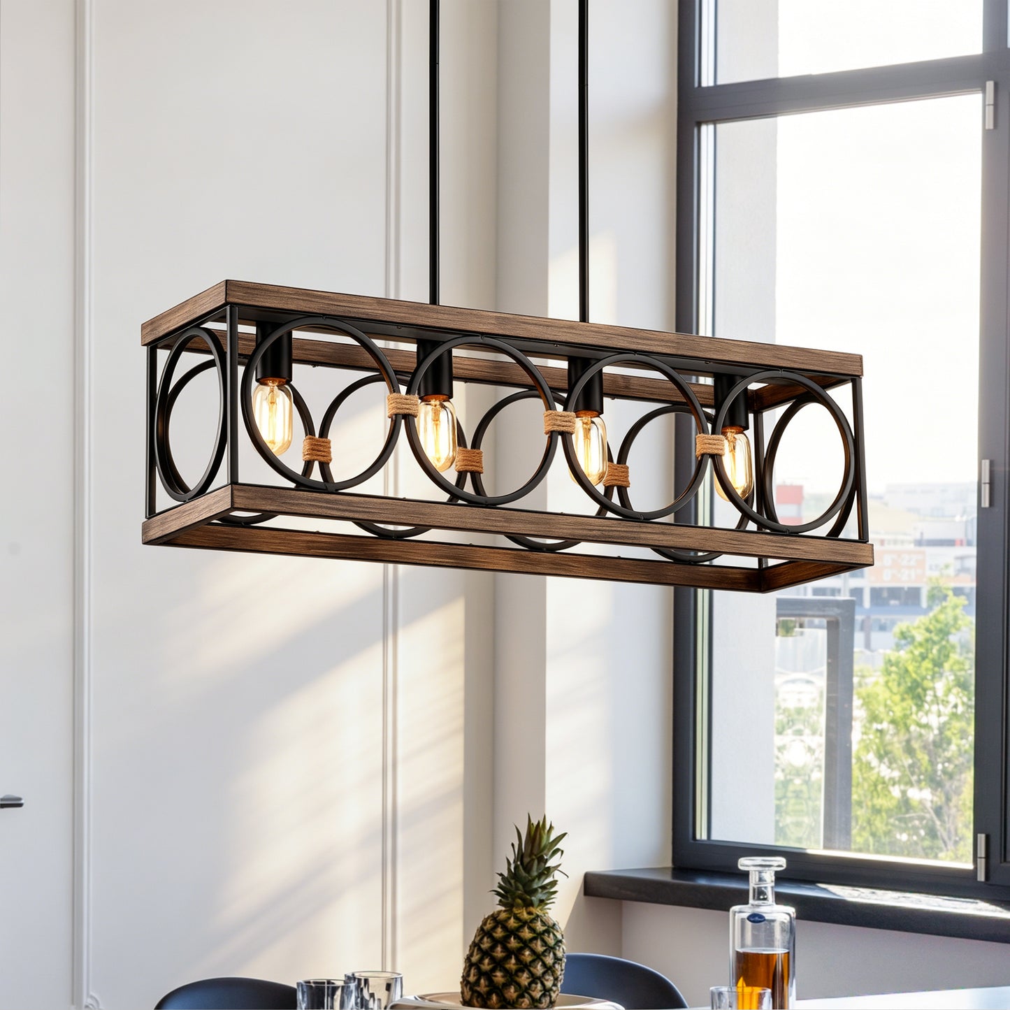 31.6" 4-Light Wood & Black Farmhouse Chandelier - view 2