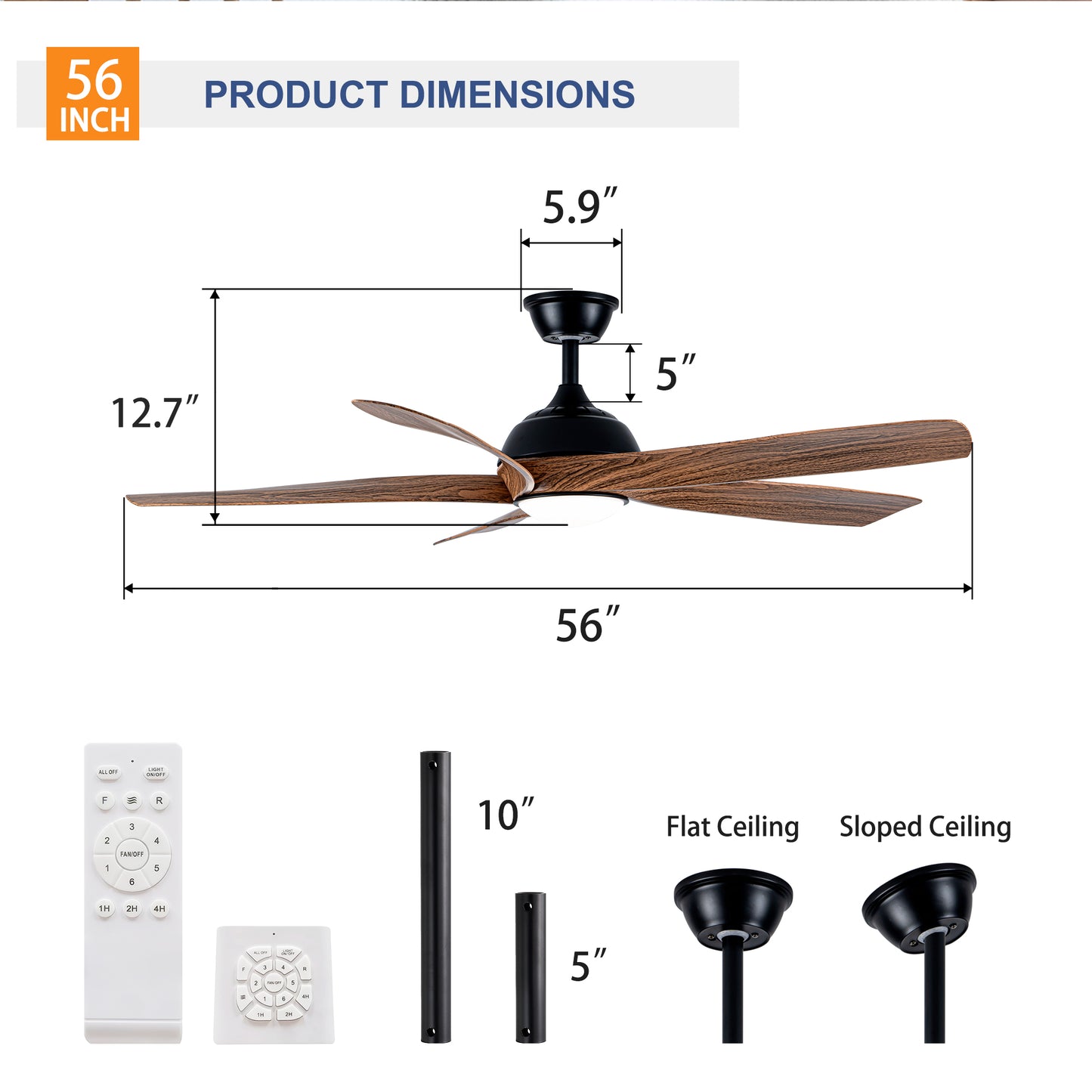 56" Matte Black & Wood Ceiling Fan with LED Light - view 7