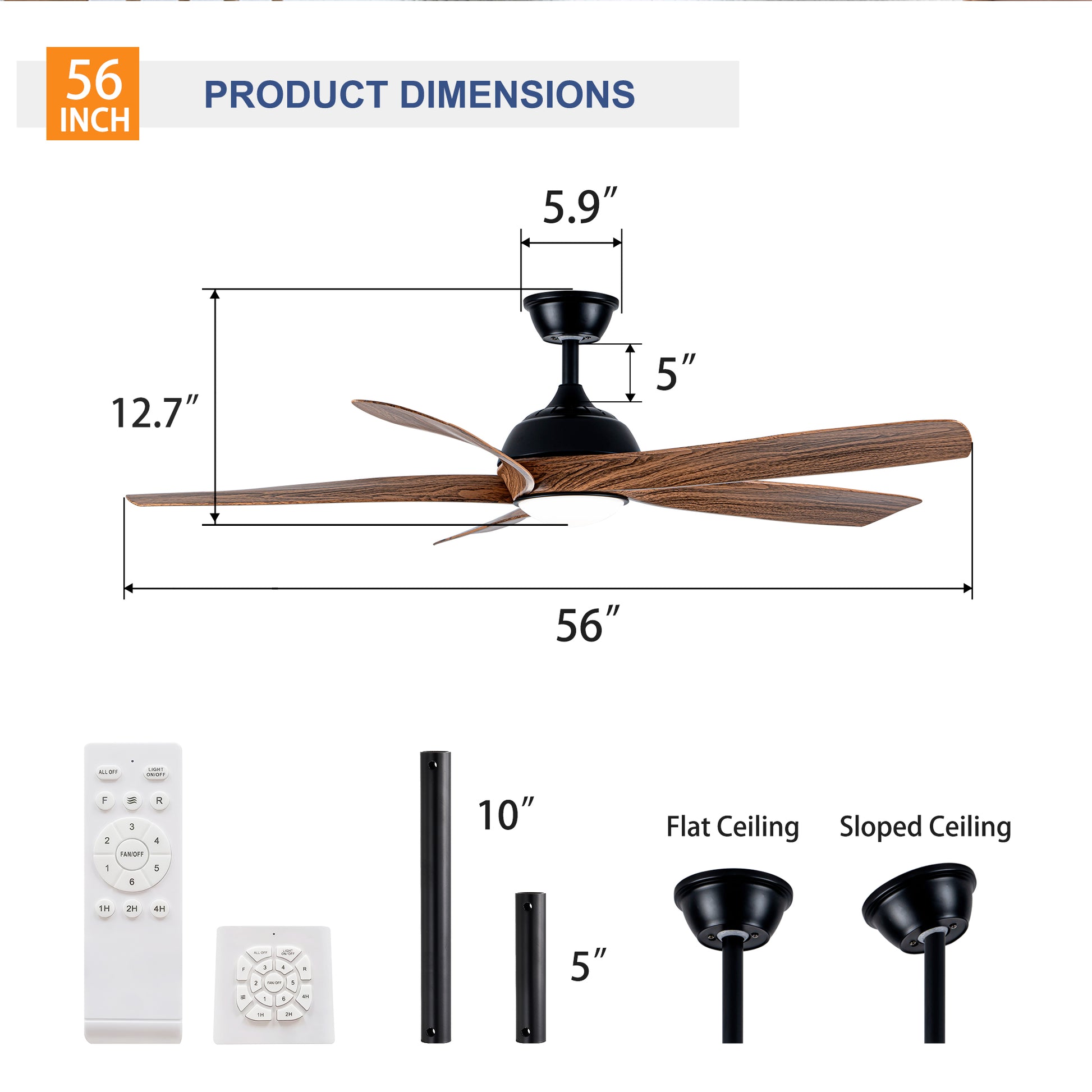 56" Matte Black & Wood Ceiling Fan with LED Light - view 7