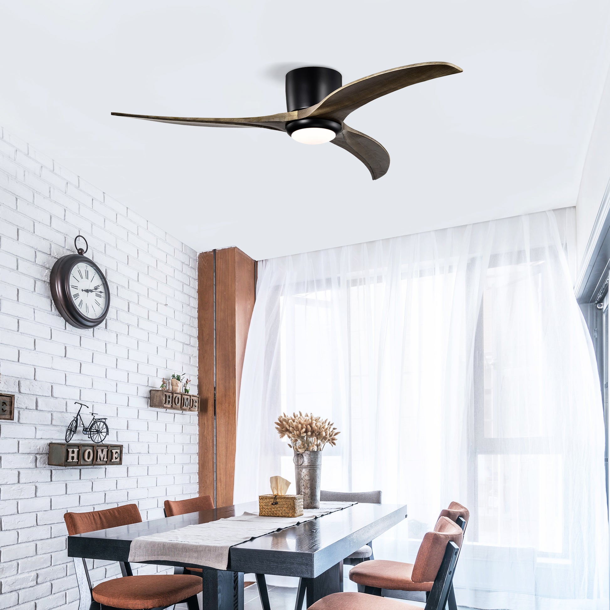 52" Matte Black Flush Mount Wood Ceiling Fan with Remote - view 4