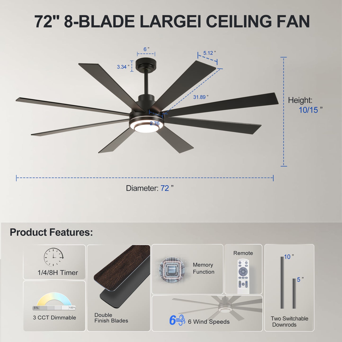 72" Matte Black 8-Blade Ceiling Fan with Dimmable LED - view 7