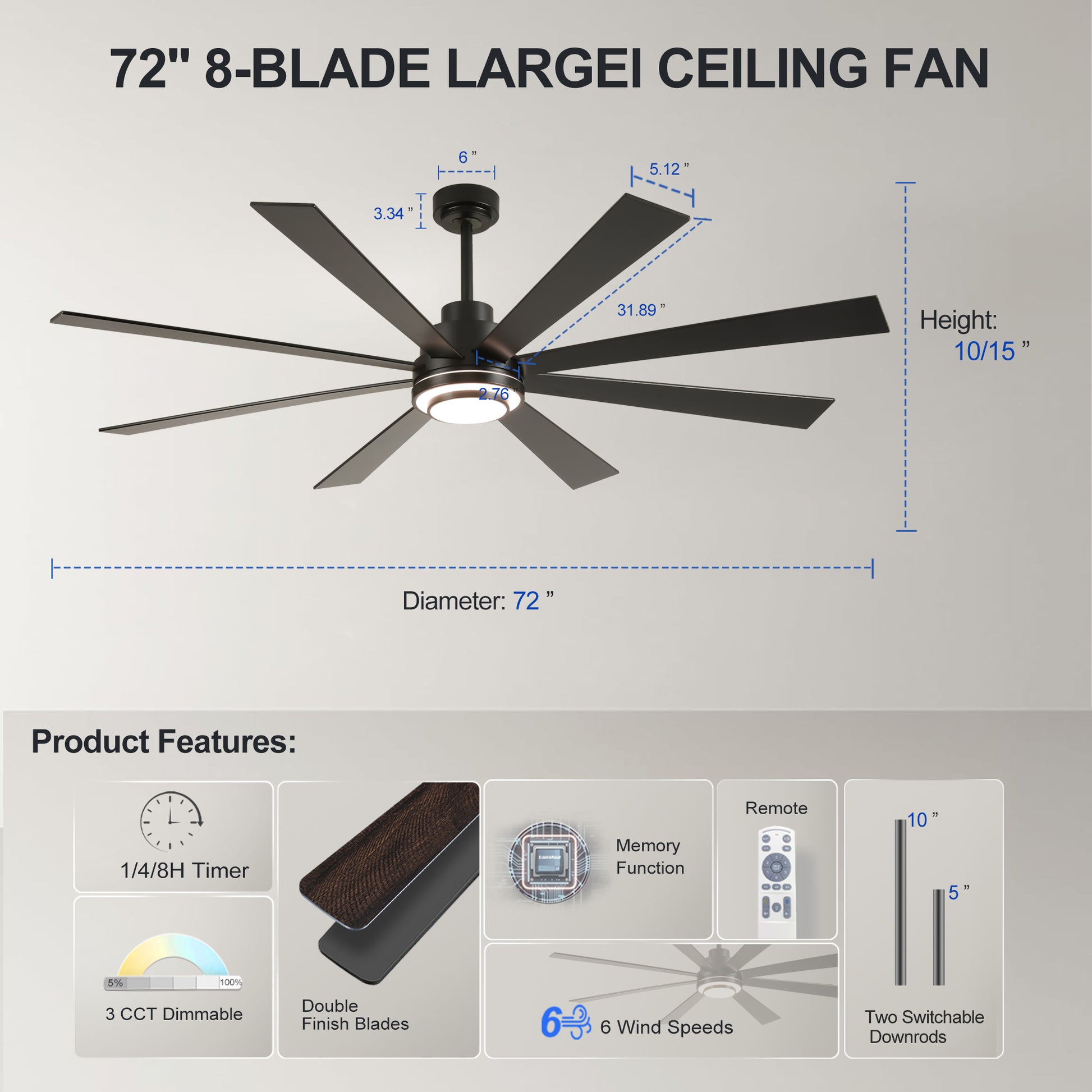 72" Matte Black 8-Blade Ceiling Fan with Dimmable LED - view 7