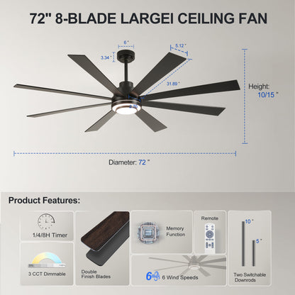 72" Matte Black 8-Blade Ceiling Fan with Dimmable LED - view 7