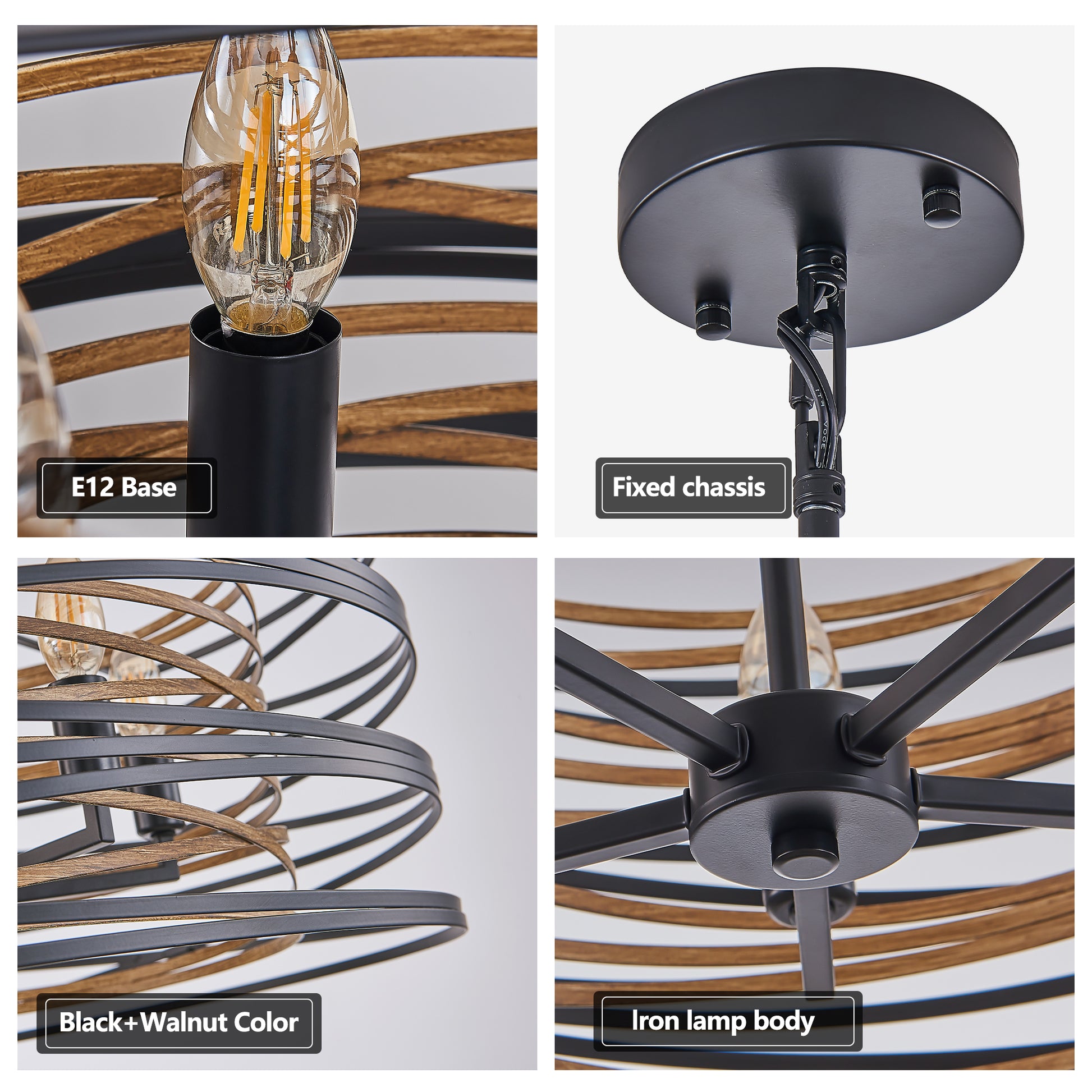 24" 6-Light Black & Walnut Caged Chandelier - view 5