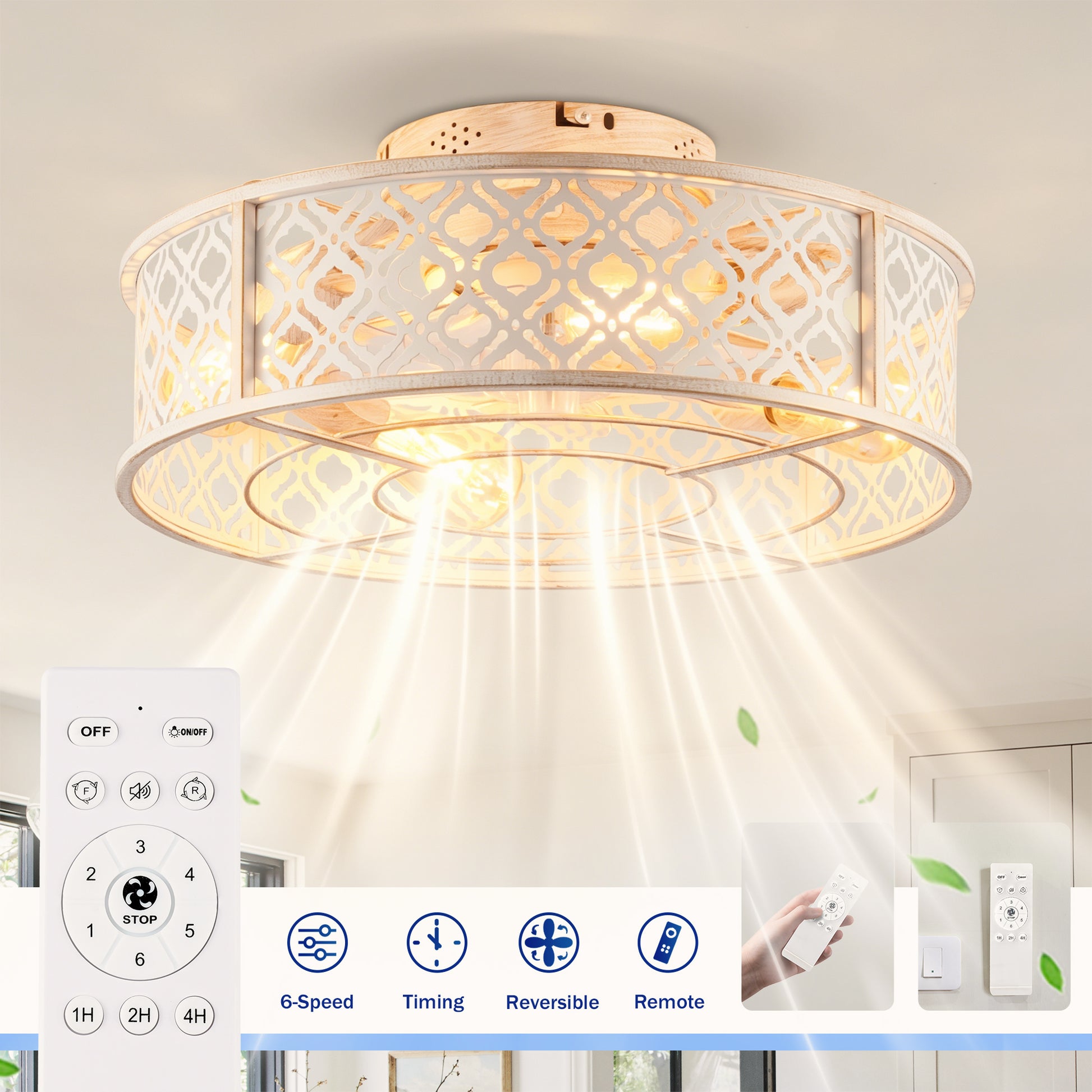 20" Retro White Flower Caged Flush Mount Ceiling Fan - view 8