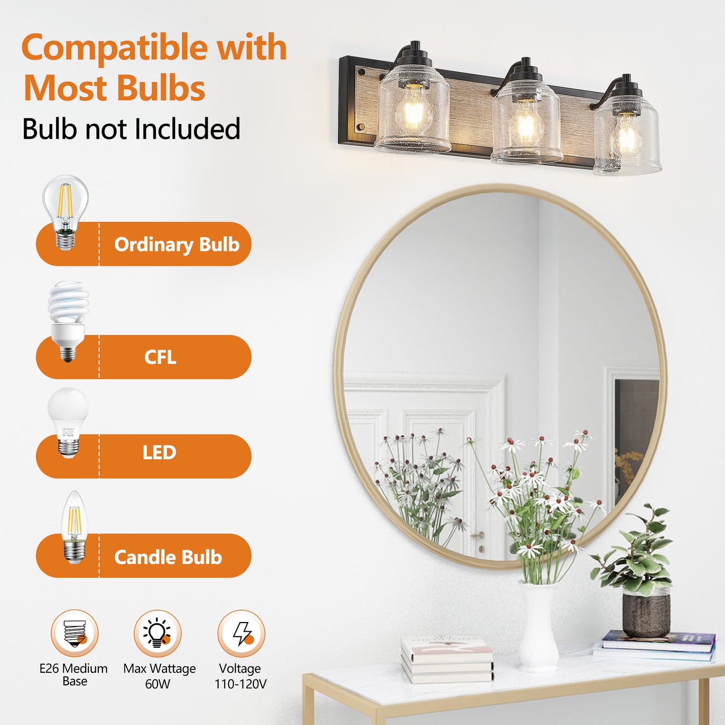 23" 3-Light Farmhouse Vanity Light with Seeded Glass - view 8