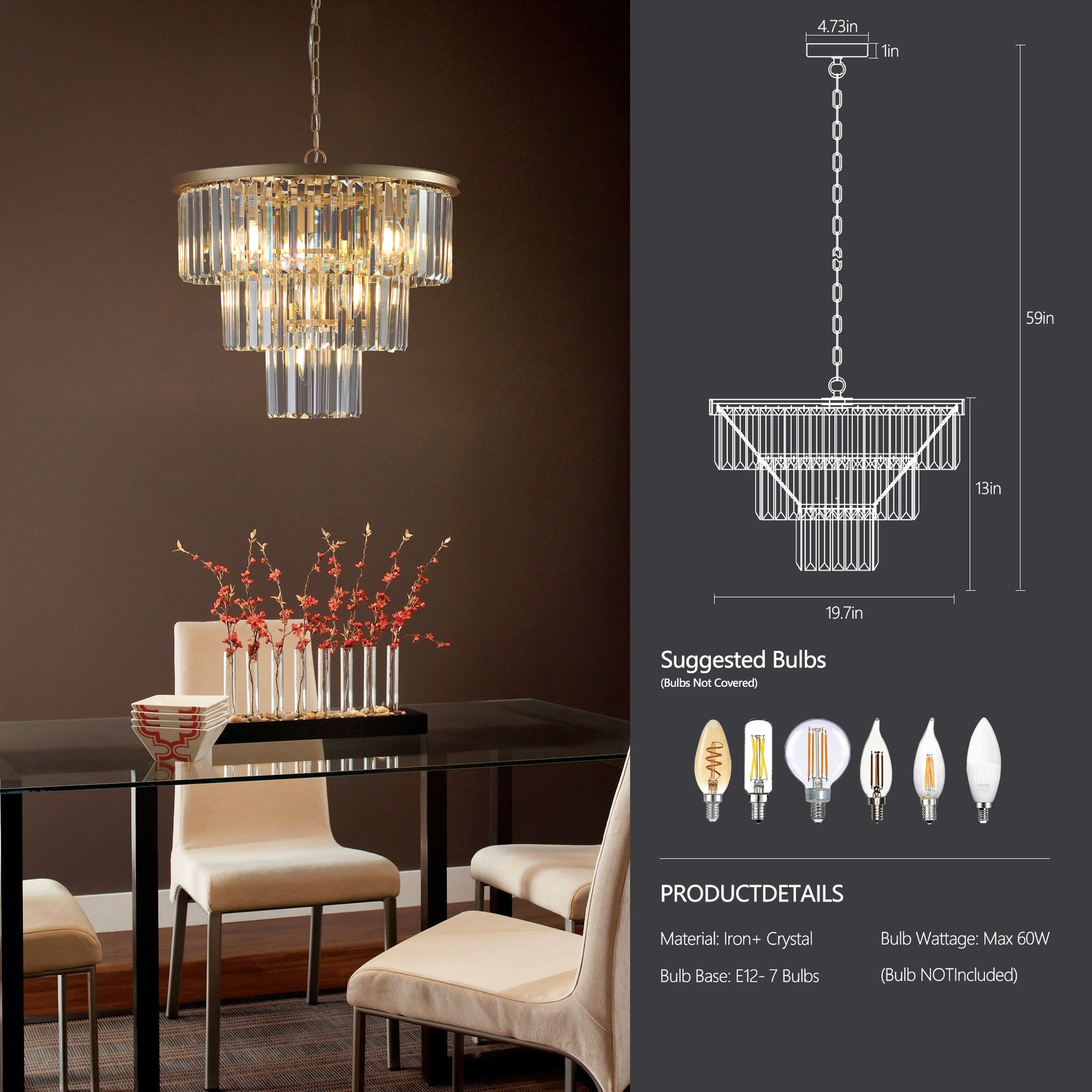 20" 7-Light Gold 3-Tier Crystal Chandelier - view 8