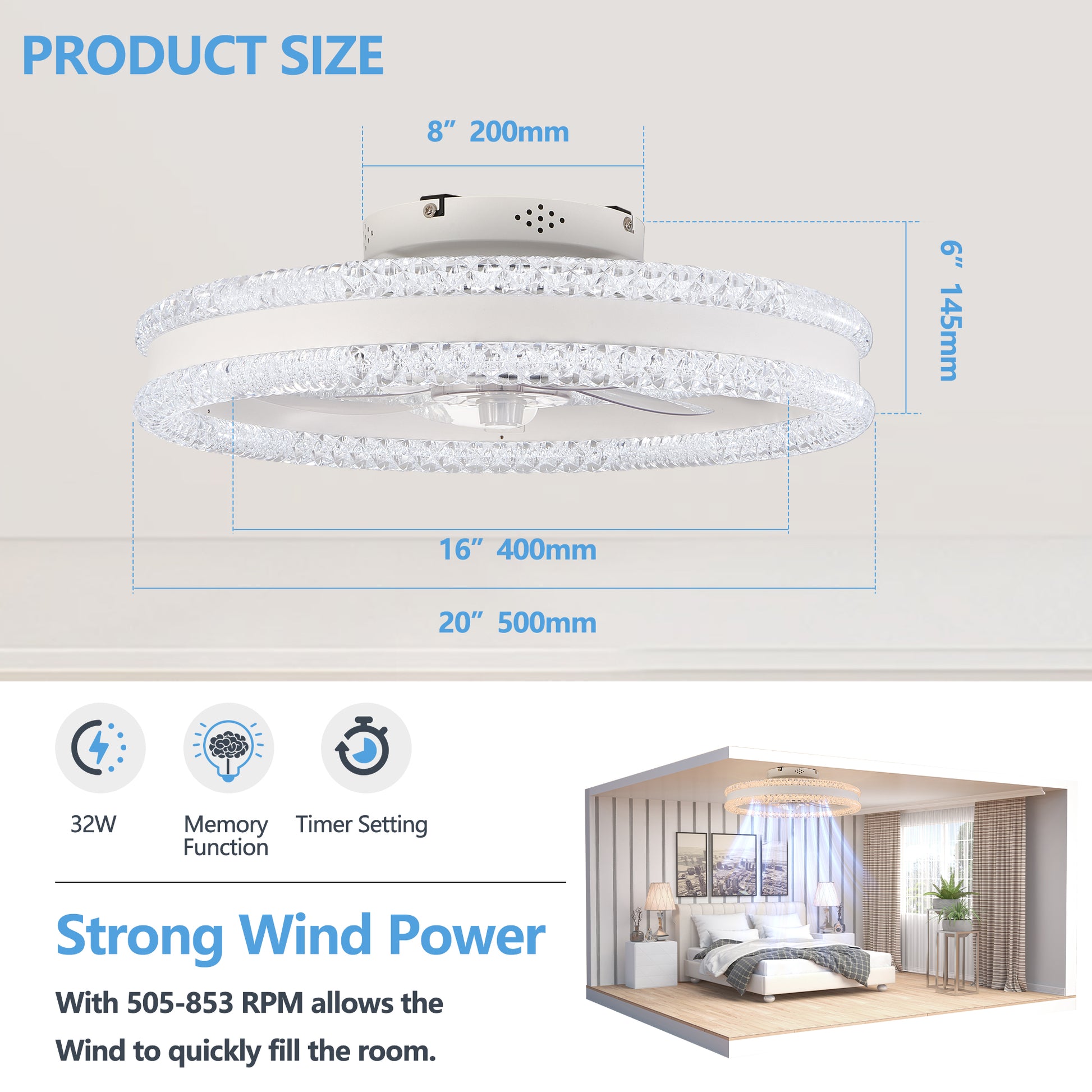 20" White Double Ring Ceiling Fan with Dimmable LED - view 7