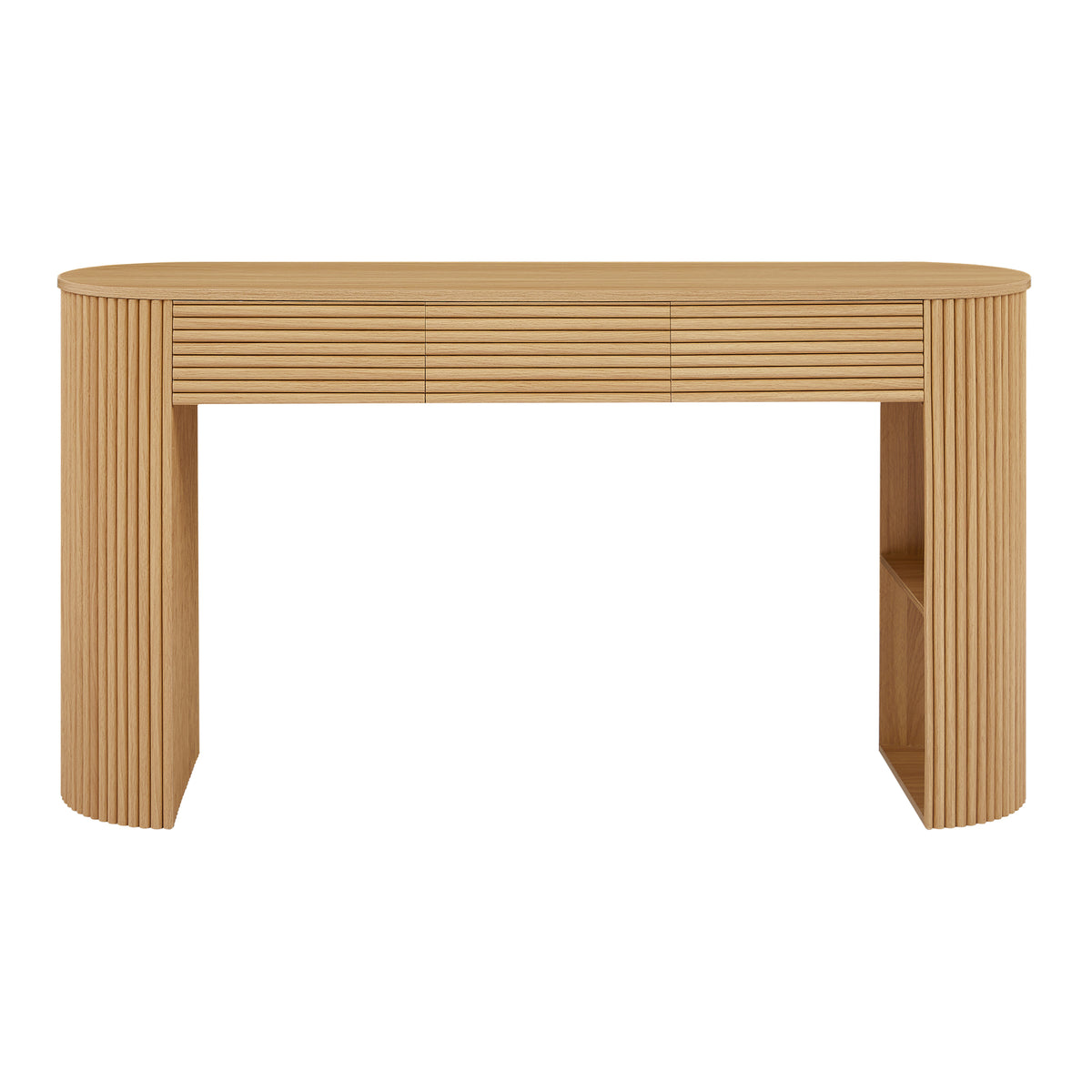 60" Natural Retro Slatted Console Table with 3 Drawers