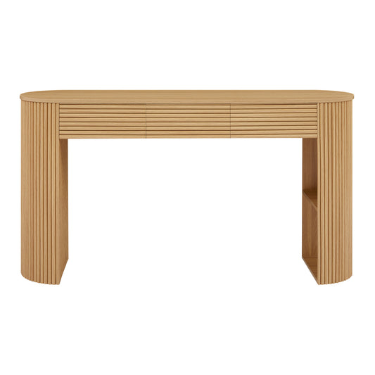 60" Natural Retro Slatted Console Table with 3 Drawers