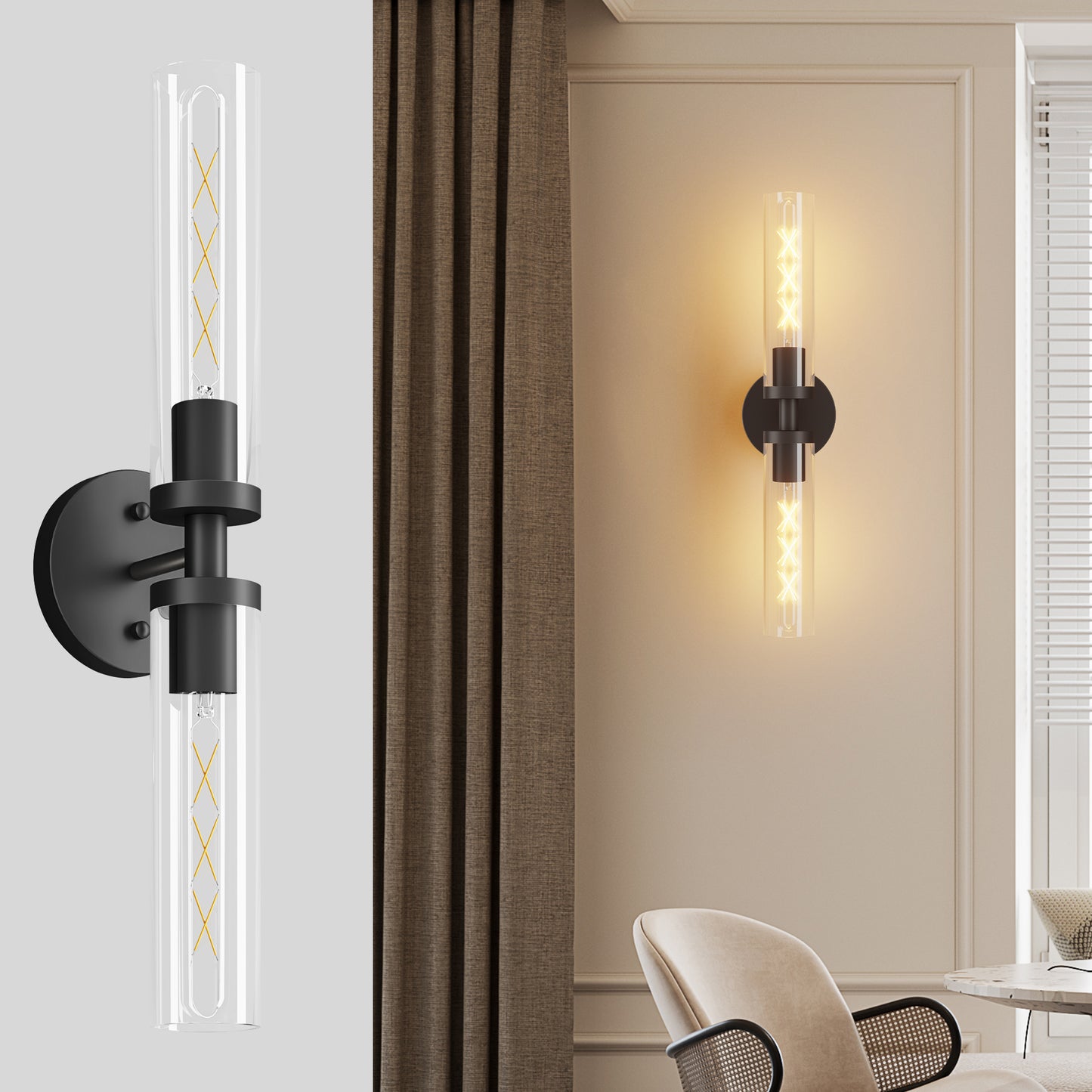 Matte Black Wall Sconce with Clear Glass, Set of 2