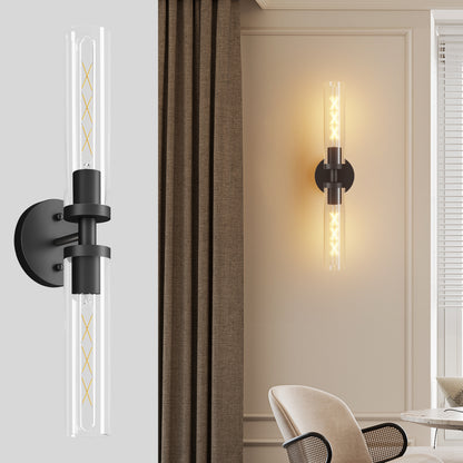 Matte Black Wall Sconce with Clear Glass, Set of 2