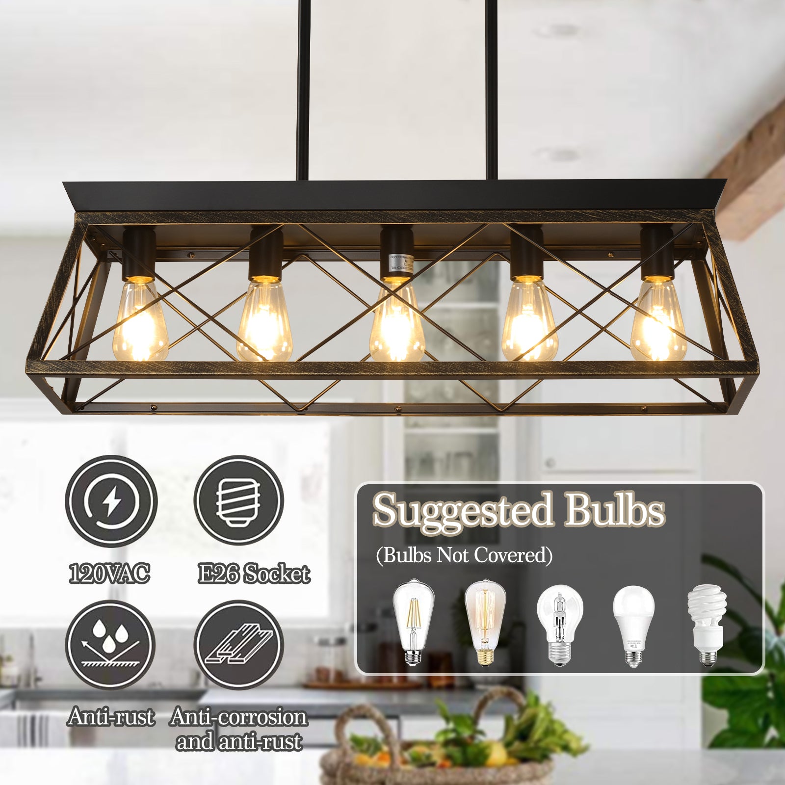 32" 5-Light Black & Gold Industrial Caged Chandelier - view 6