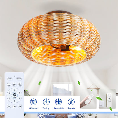 20" Rattan Caged Flush Mount Ceiling Fan with Remote - view 10