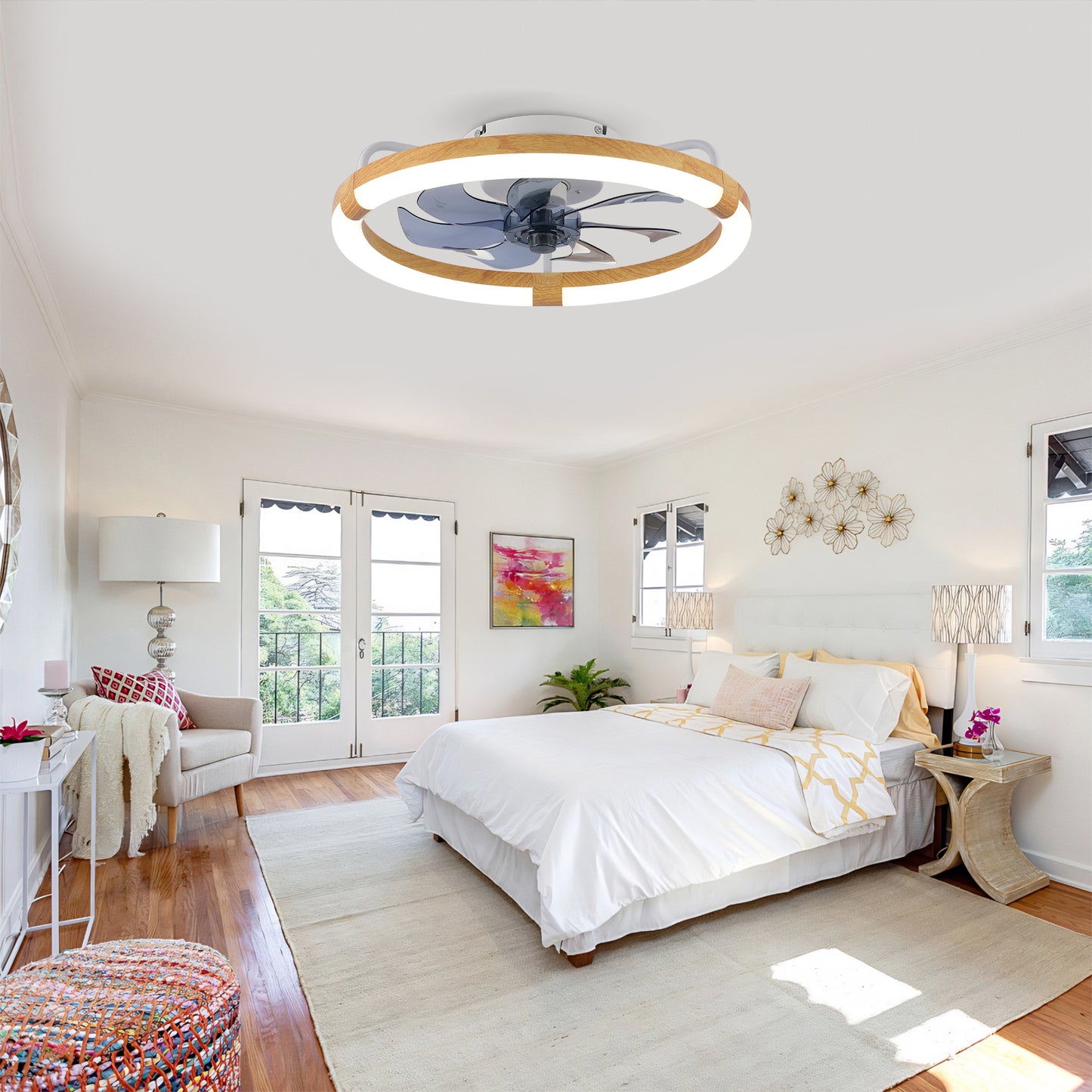 20" Matte White & Wood Ceiling Fan with Dimmable LED - view 4
